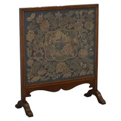 Lovely French Napoleon III Oak Fire Screen with Embroidered Scene Courting Pair