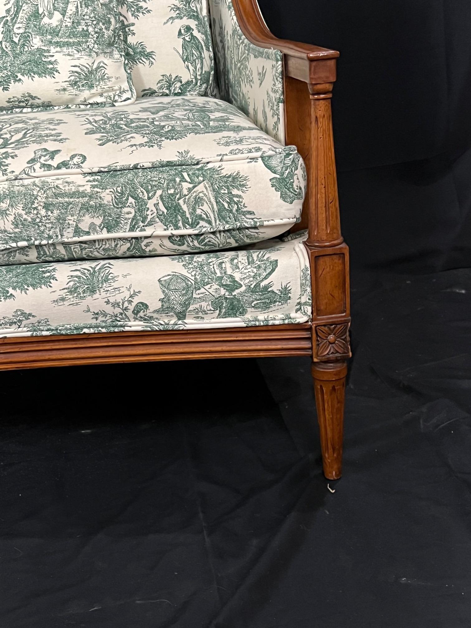 Lovely French Toile Covered Carved Walnut Louis XVI Style Canape Walnut Sofa 3