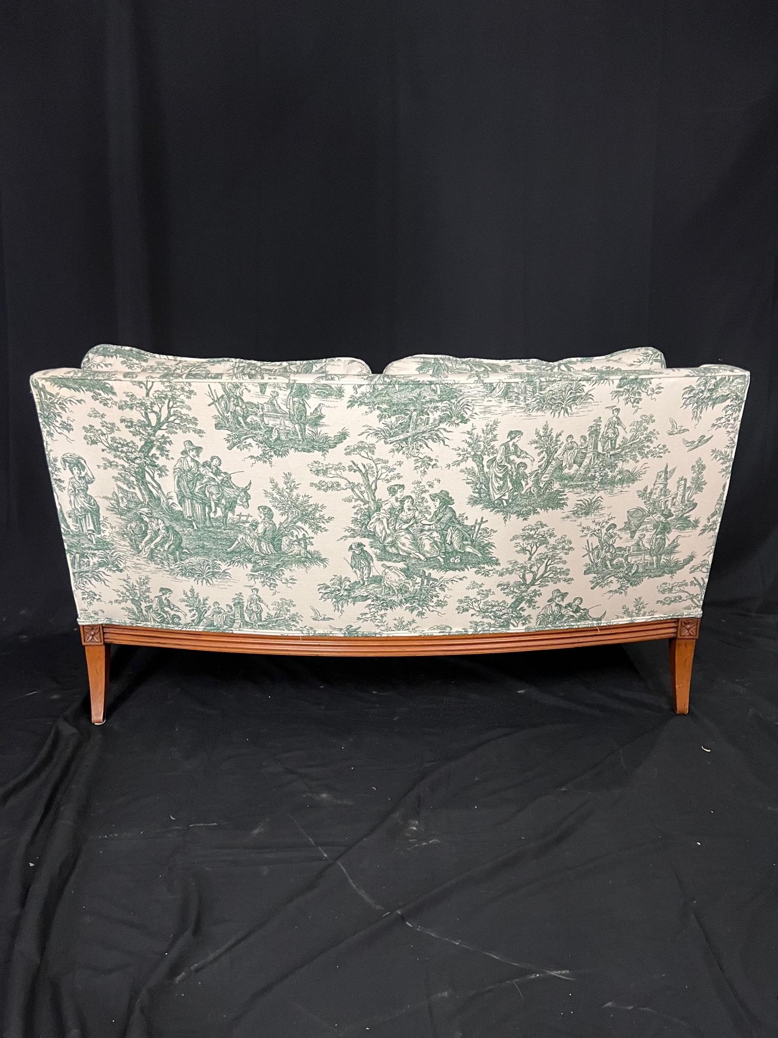 Lovely French Toile Covered Carved Walnut Louis XVI Style Canape Walnut Sofa 4
