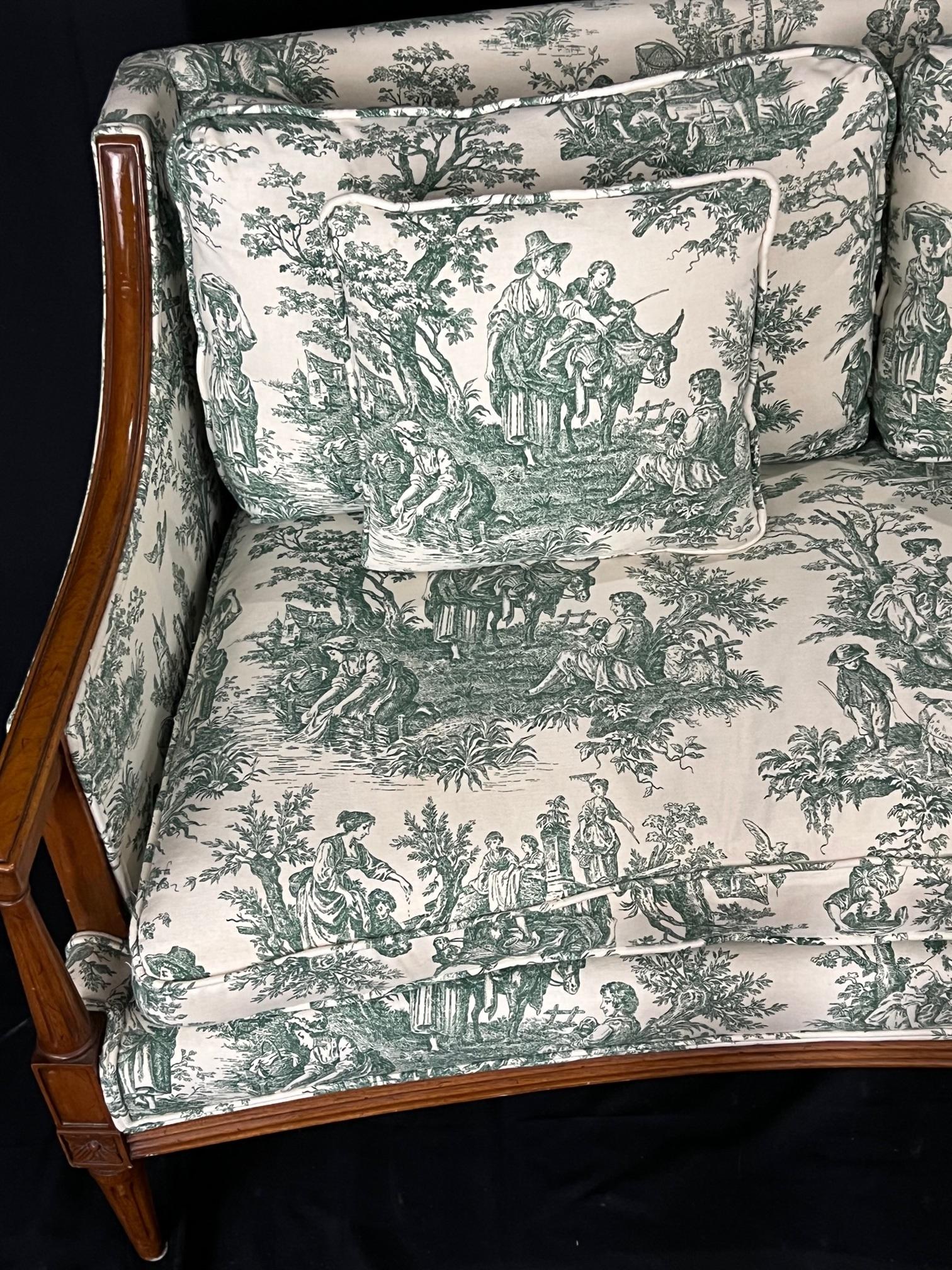 Lovely French Toile Covered Carved Walnut Louis XVI Style Canape Walnut Sofa 2