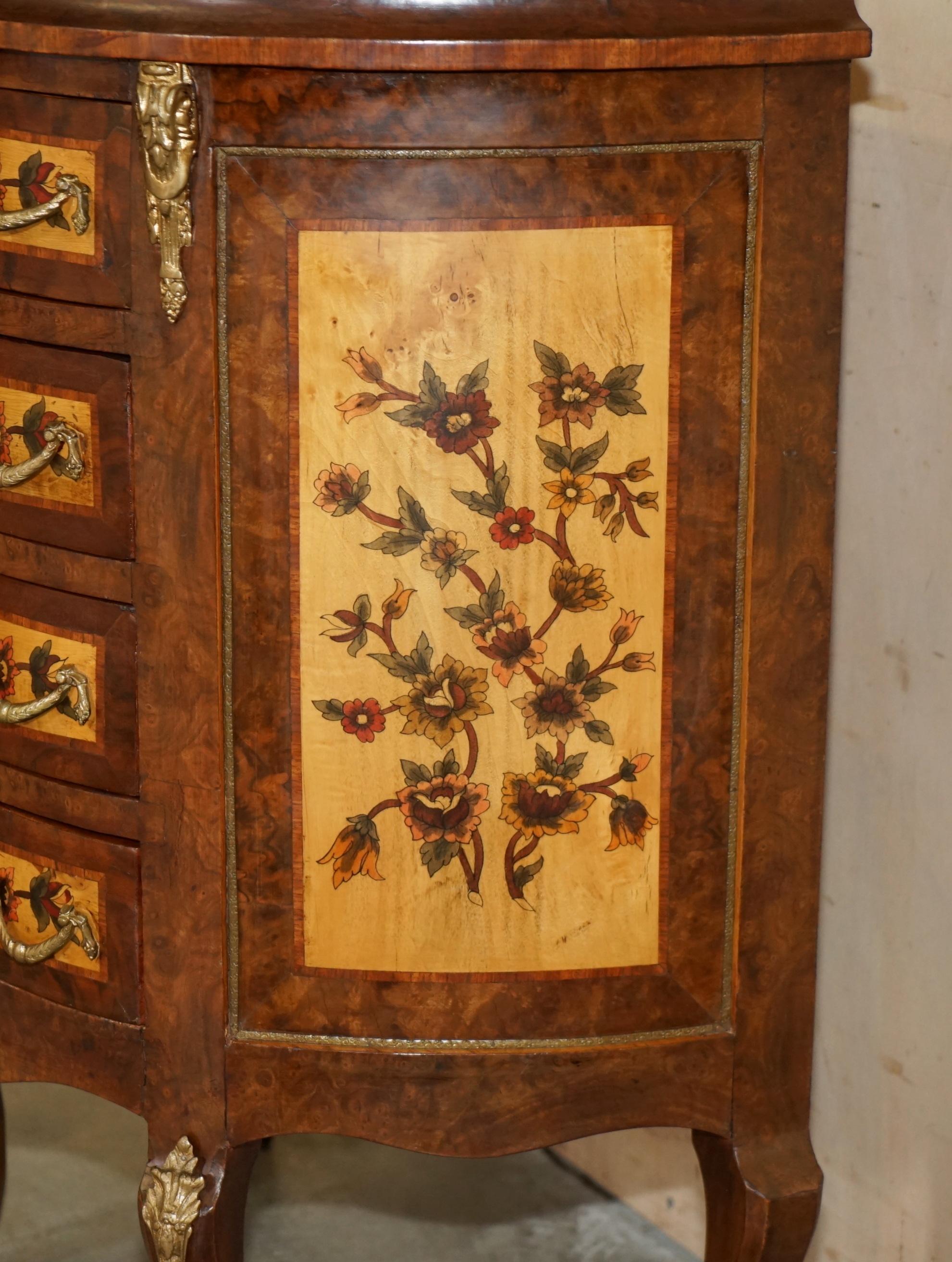 LOVELY FRENCH ViNTAGE PAINTED CIRCA 1940'S BURR WALNUT BRASS DEMI LUNE DRAWERS For Sale 3