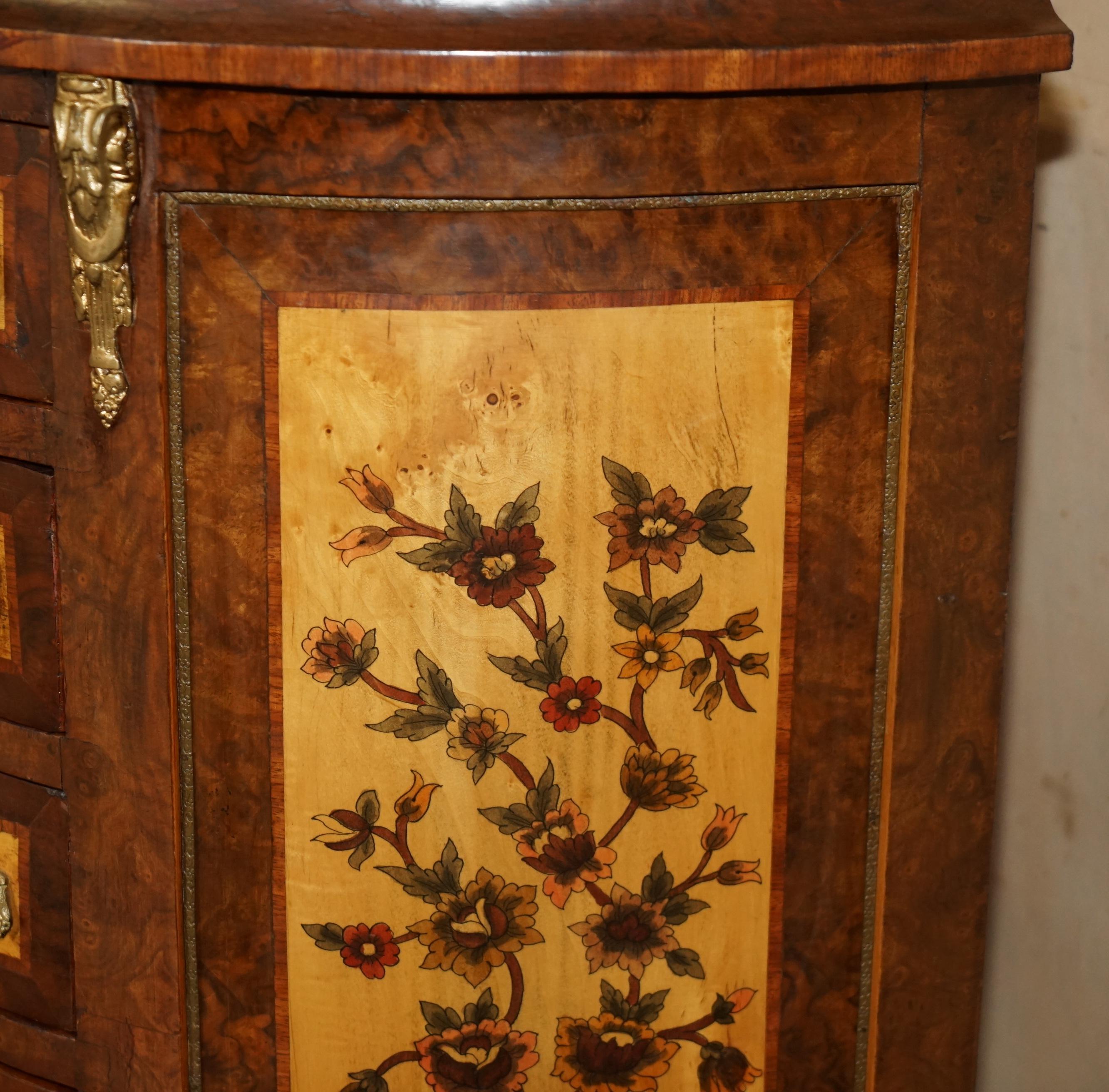 LOVELY FRENCH ViNTAGE PAINTED CIRCA 1940'S BURR WALNUT BRASS DEMI LUNE DRAWERS For Sale 4
