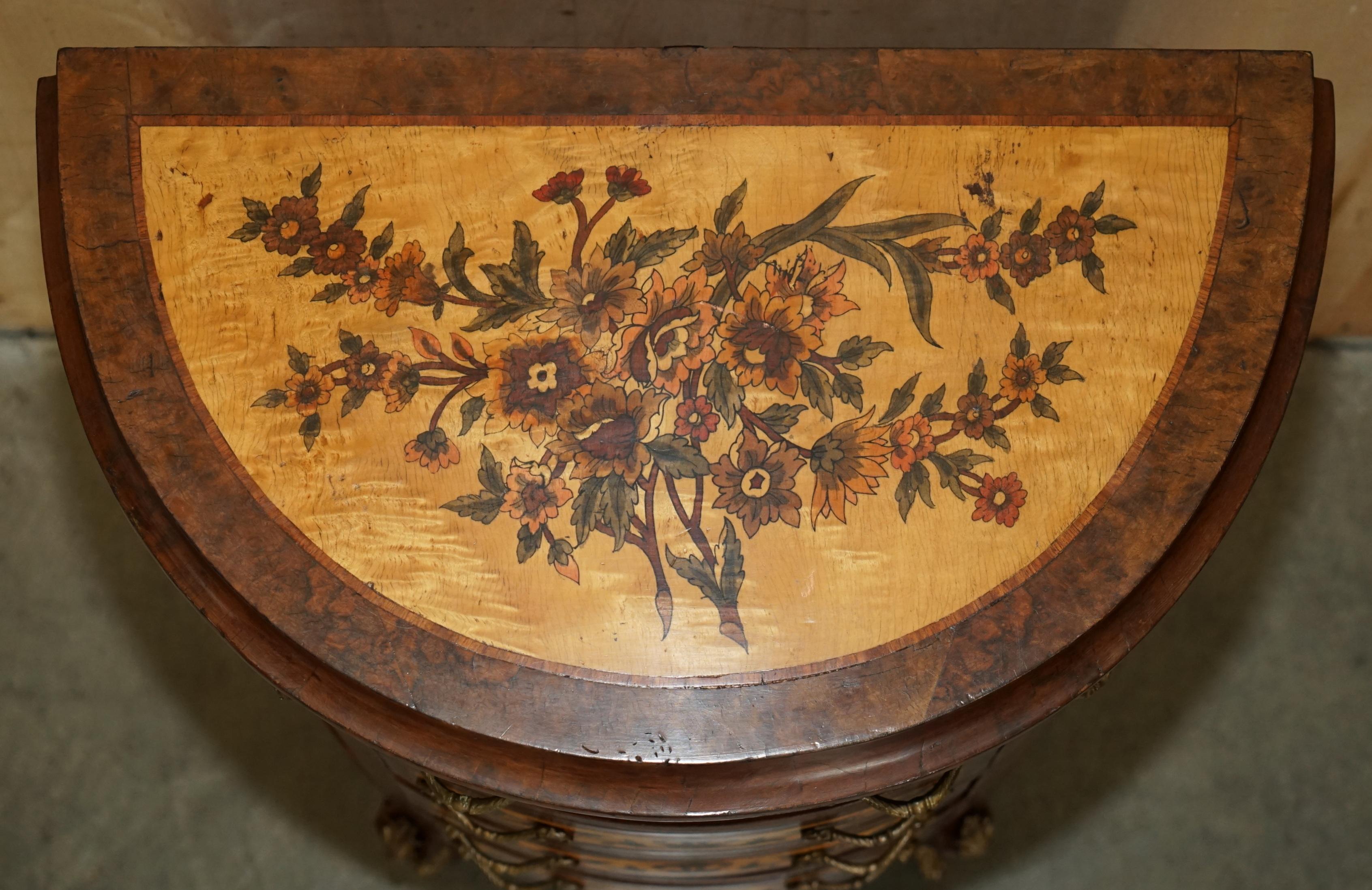 LOVELY FRENCH ViNTAGE PAINTED CIRCA 1940'S BURR WALNUT BRASS DEMI LUNE DRAWERS For Sale 6