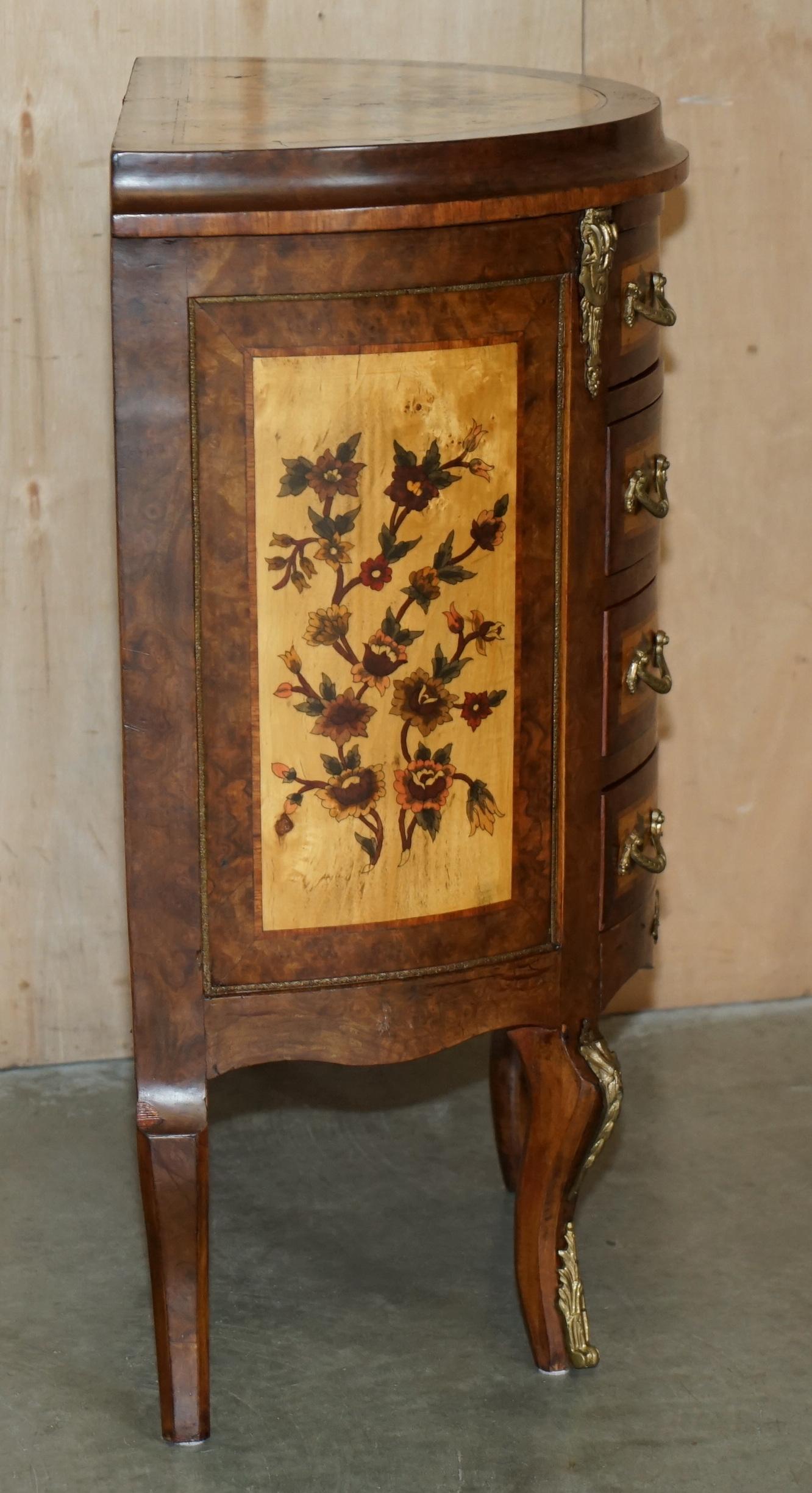 LOVELY FRENCH ViNTAGE PAINTED CIRCA 1940'S BURR WALNUT BRASS DEMI LUNE DRAWERS For Sale 10
