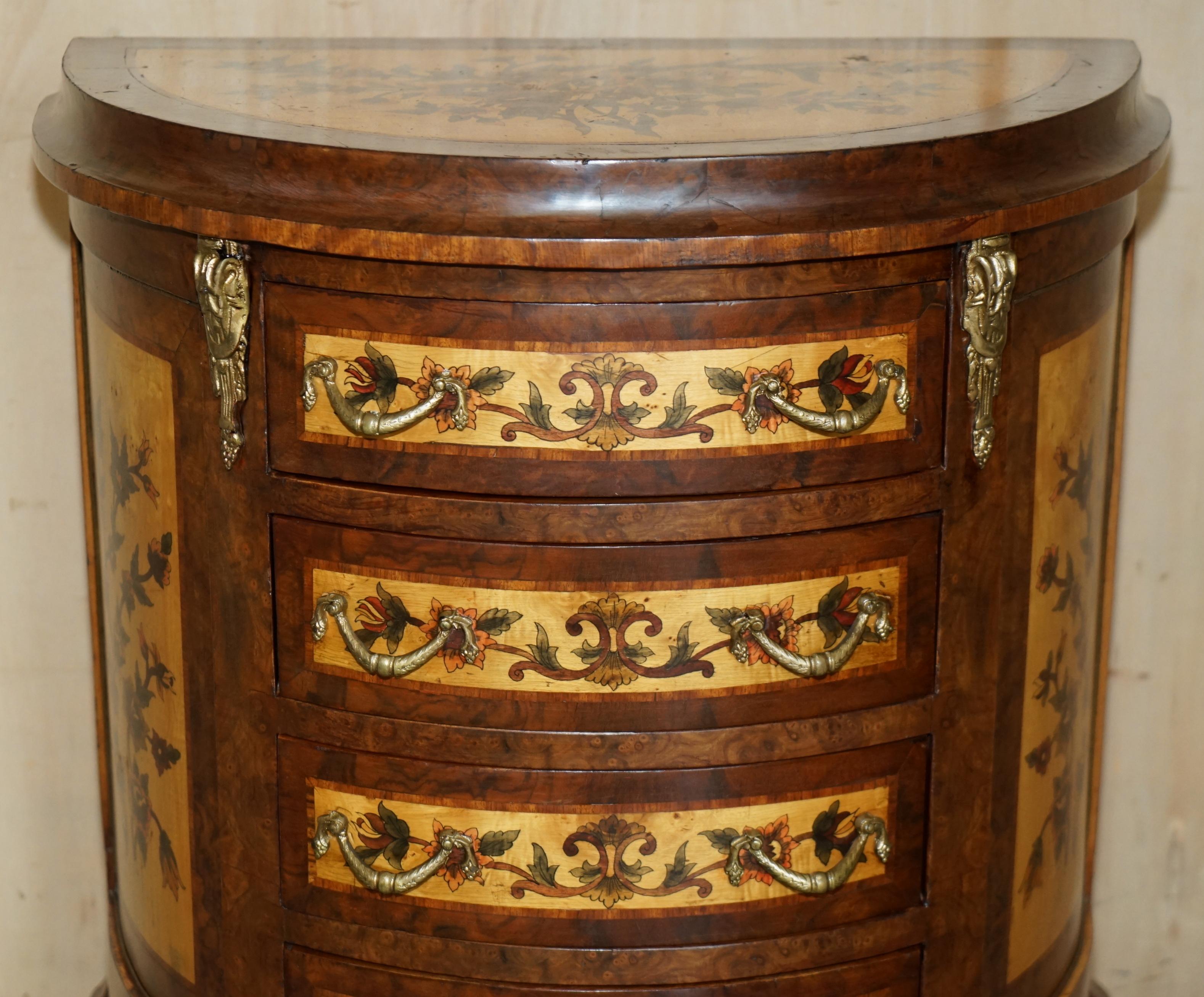 French LOVELY FRENCH ViNTAGE PAINTED CIRCA 1940'S BURR WALNUT BRASS DEMI LUNE DRAWERS For Sale