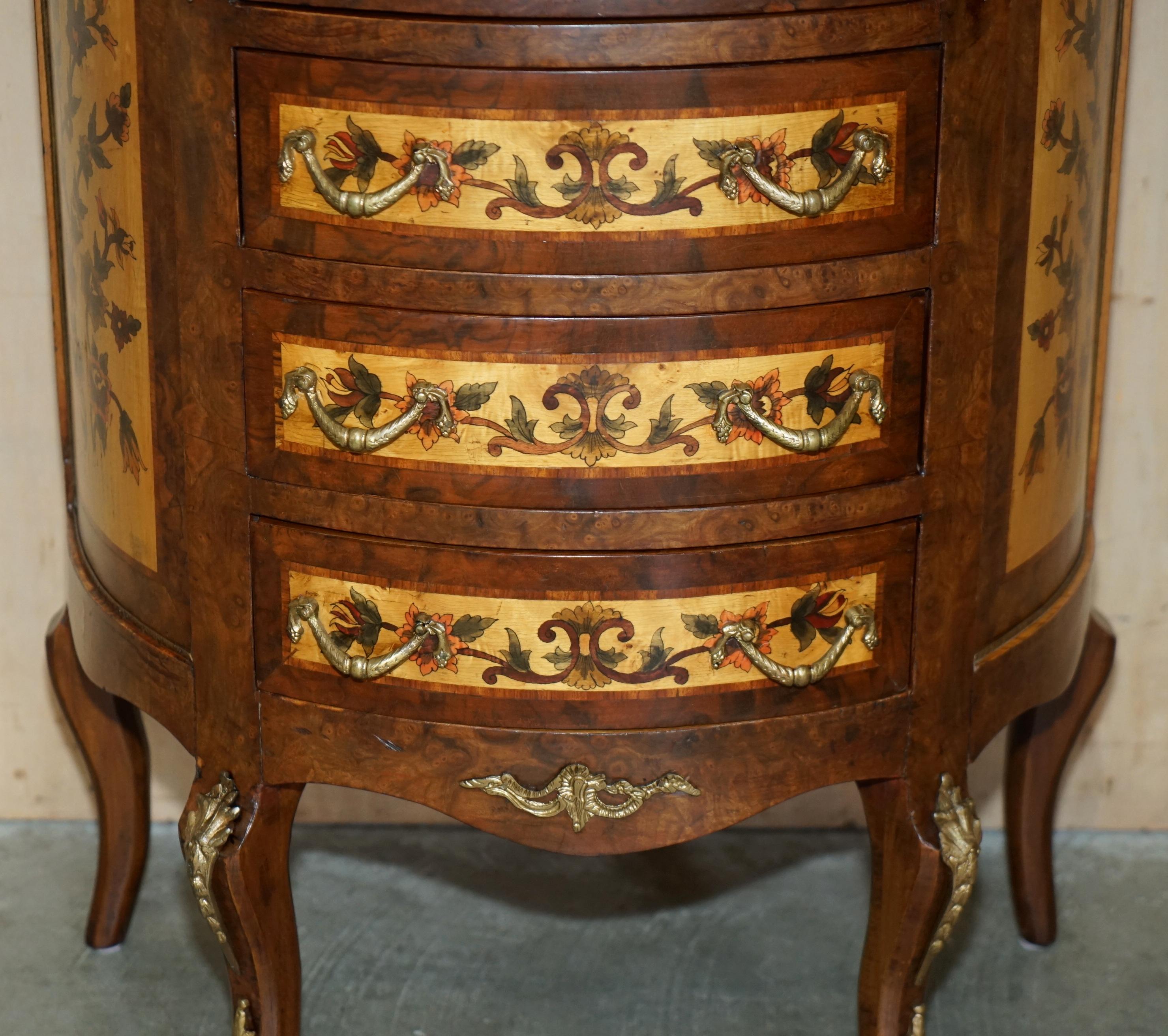 Painted LOVELY FRENCH ViNTAGE PAINTED CIRCA 1940'S BURR WALNUT BRASS DEMI LUNE DRAWERS For Sale