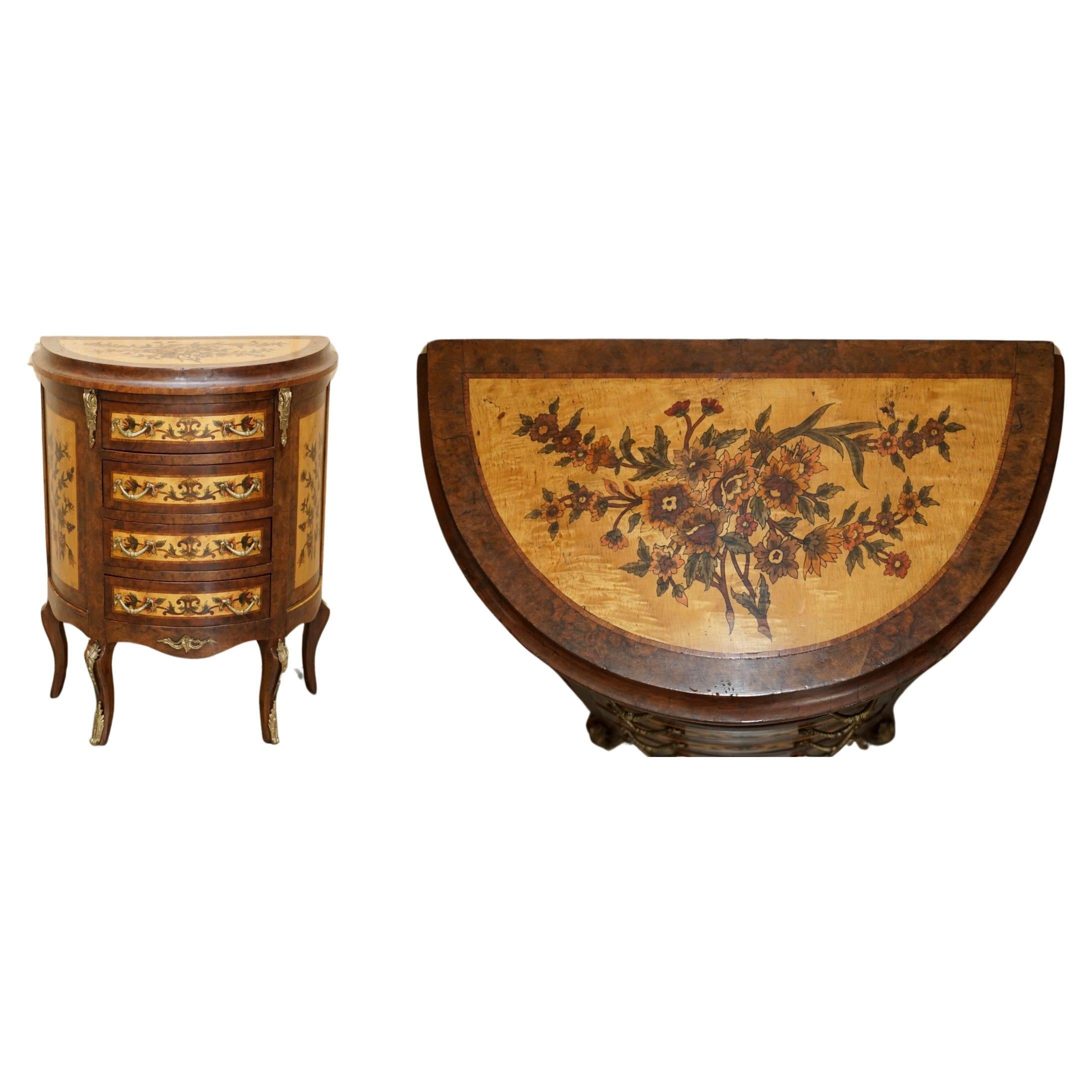 LOVELY FRENCH ViNTAGE PAINTED CIRCA 1940'S BURR WALNUT BRASS DEMI LUNE DRAWERS For Sale