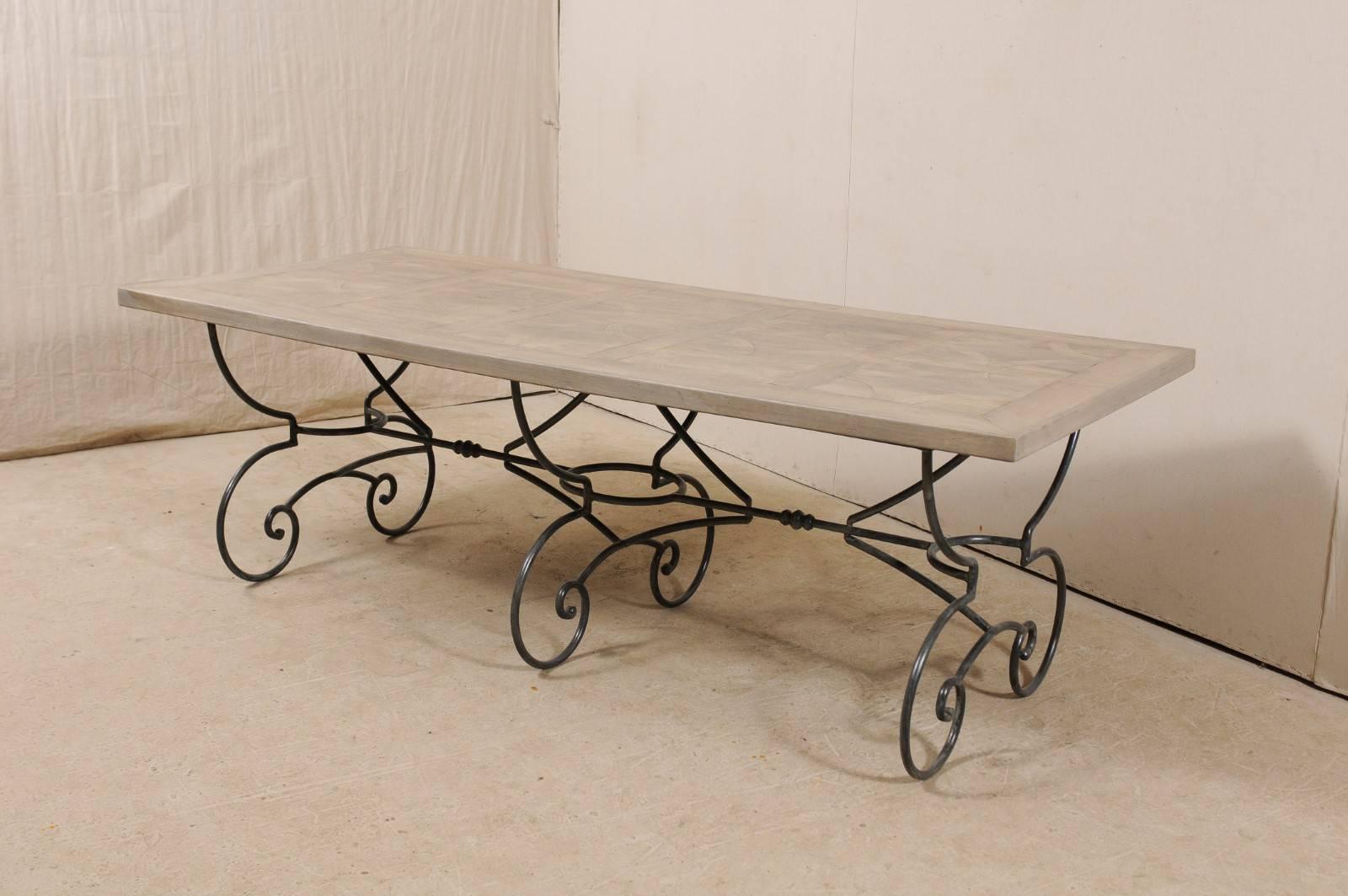 French Vintage Table with Inlay Wood Top on a Beautiful Scrolling Iron Base For Sale 2