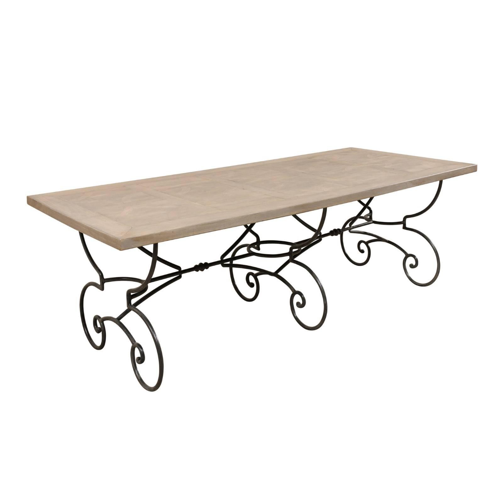 French Vintage Table with Inlay Wood Top on a Beautiful Scrolling Iron Base