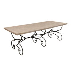 French Retro Table with Inlay Wood Top on a Beautiful Scrolling Iron Base