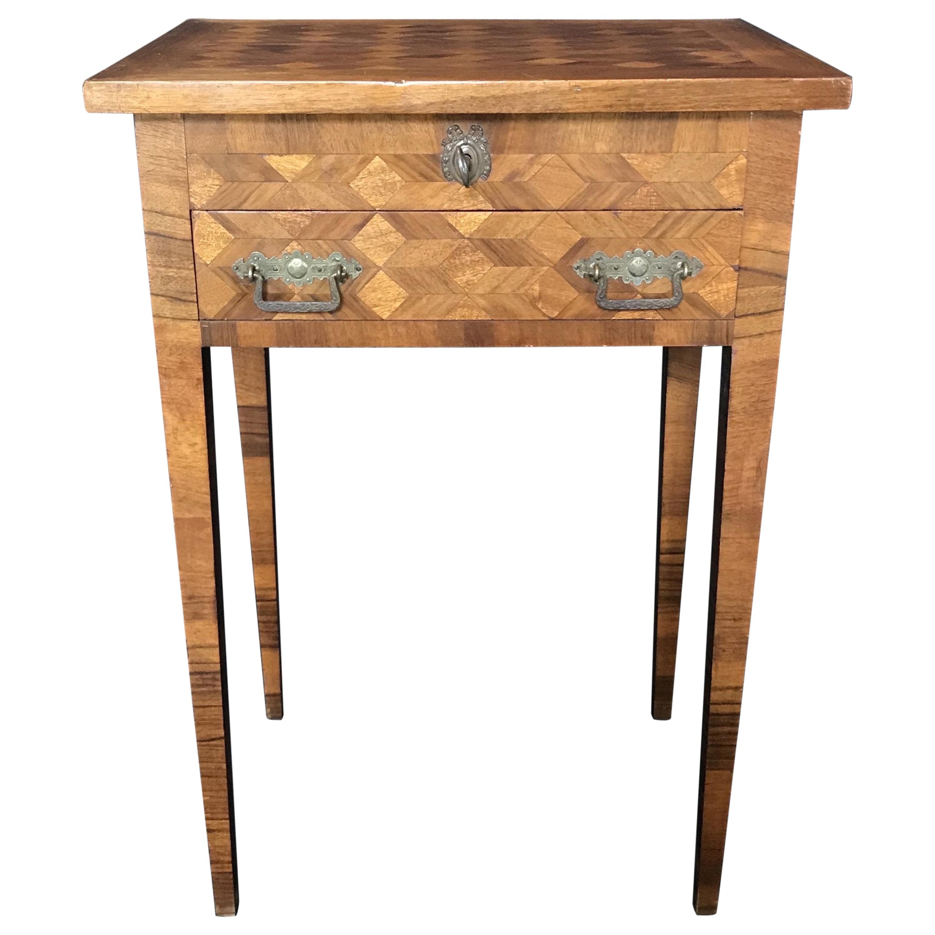 Lovely French Walnut Parquetry Side Table or Nightstand