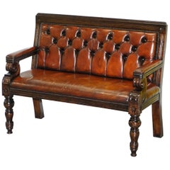 Lovely Fully Restored Chesterfield Brown Leather Mahogany Bench Part of Suite