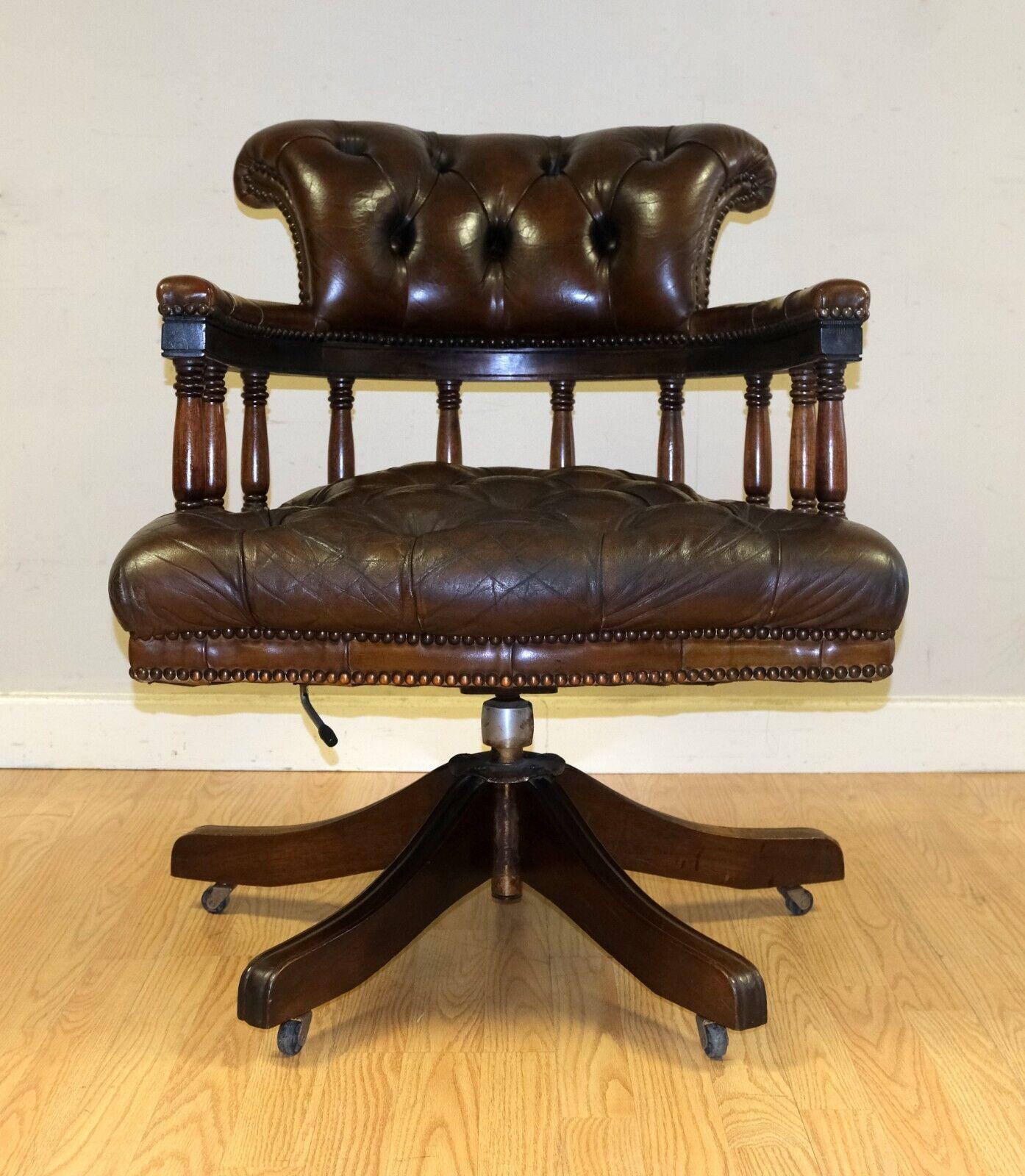 English Lovely Fully Restored Cigar Brown Leather Oak Chesterfield Captains Armchair