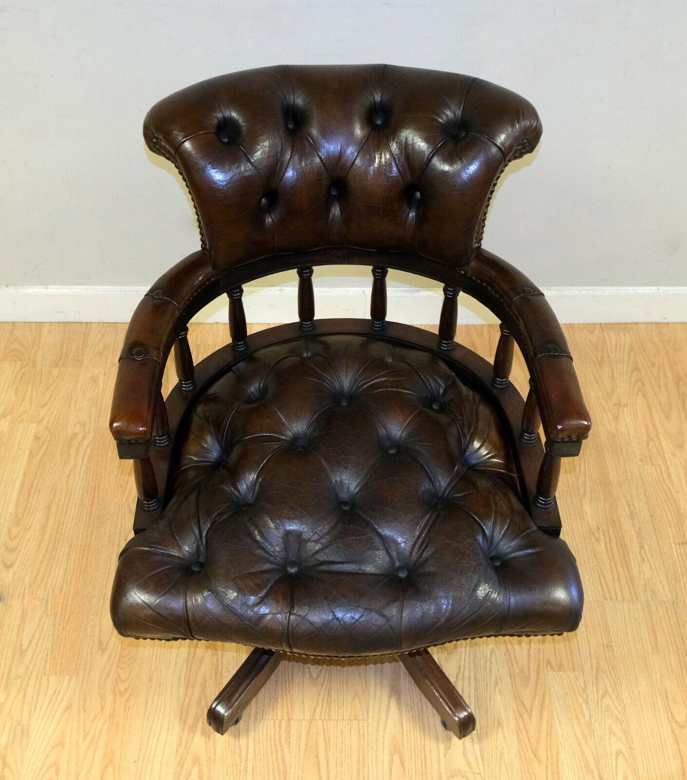 Hand-Crafted Lovely Fully Restored Cigar Brown Leather Oak Chesterfield Captains Armchair