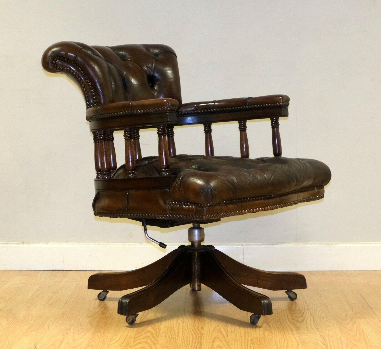 20th Century Lovely Fully Restored Cigar Brown Leather Oak Chesterfield Captains Armchair