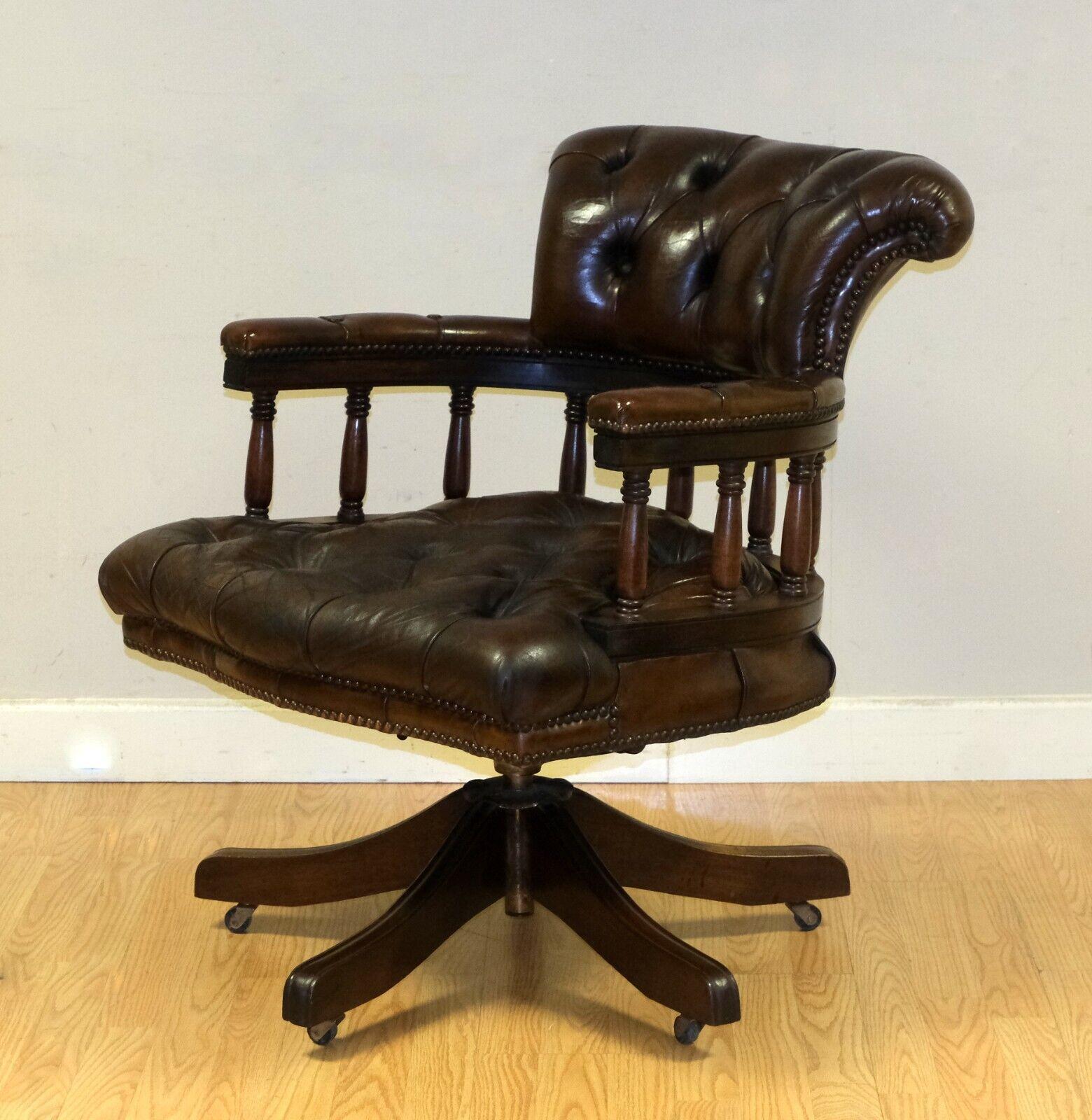 Lovely Fully Restored Cigar Brown Leather Oak Chesterfield Captains Armchair 1