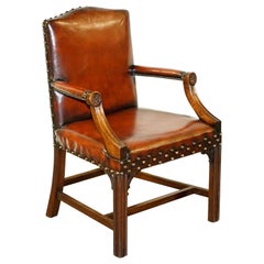 Lovely Fully Restored circa 1900 Aged Brown Leather Gainsborough Carver Armchair