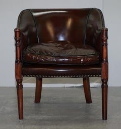Lovely Fully Restored Vintage Hand Dyed Studded Brown Leather Tub Club Armchair