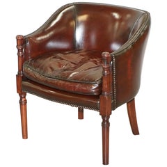 Lovely Fully Restored Vintage Hand Dyed Studded Brown Leather Tub Club Armchair