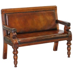 Lovely Fully Restored Whiskey Aged Brown Leather Mahogany Bench Part of Suite