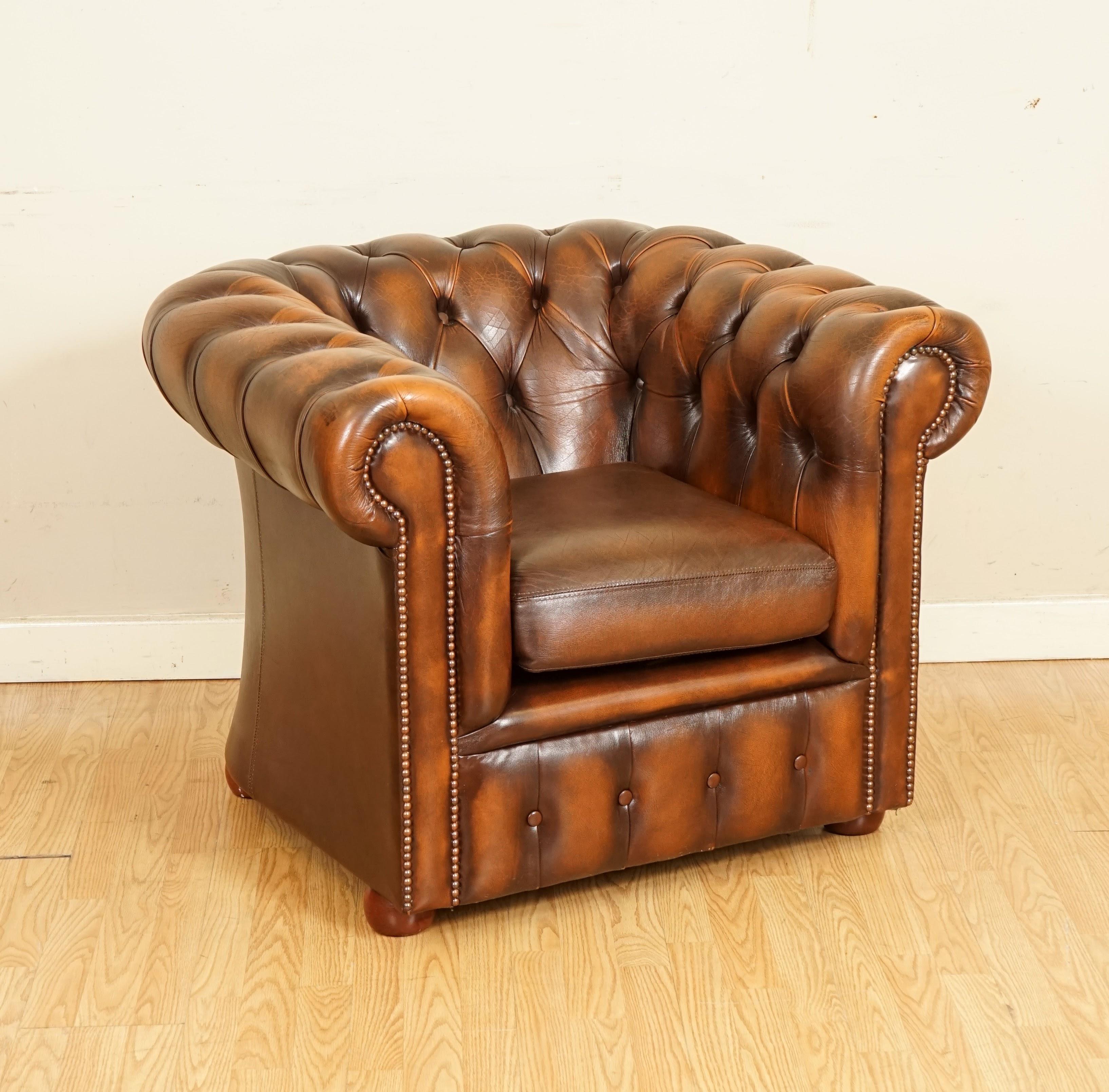 Lovely Gentleman Club Brown Leather Chesterfield Tub Armchair at 1stDibs