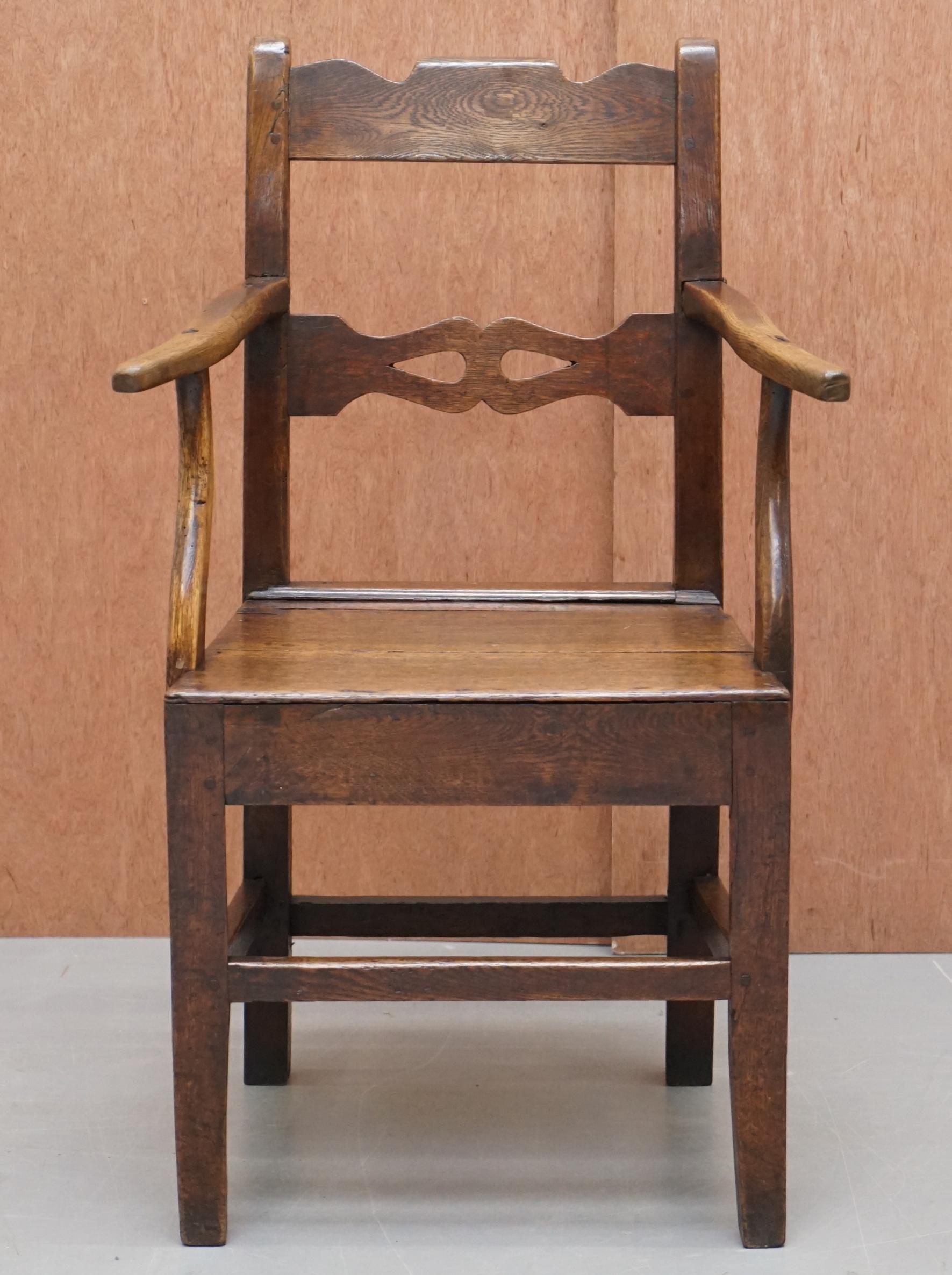 We are delighted to offer for sale this stunning George II circa 1760 oak carver chair with period repairs 

A very good looking and well made chair, it all seems to be original timber including the stretches which have worn gloriously. There are