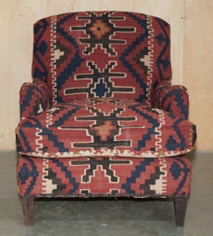 LOVELY GEORGE SMITH OF CHELSEA KILIM & DARK BROWN LEATHER HOWARD STYLE ARMCHAiR