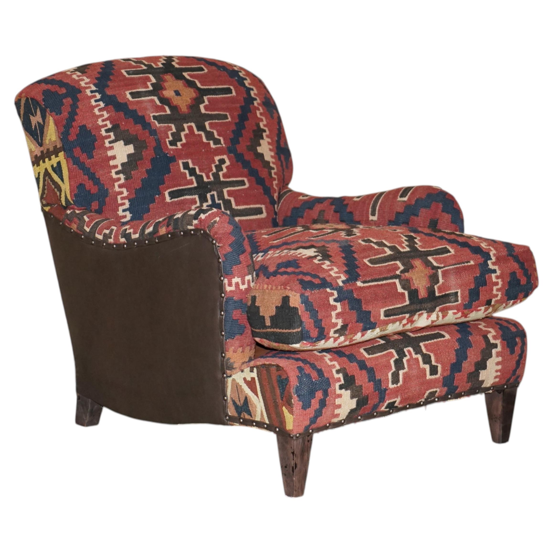 LOVELY GEORGE SMITH OF CHELSEA KILIM & DARK BROWN LEATHER HOWARD STYLE ARMCHAiR