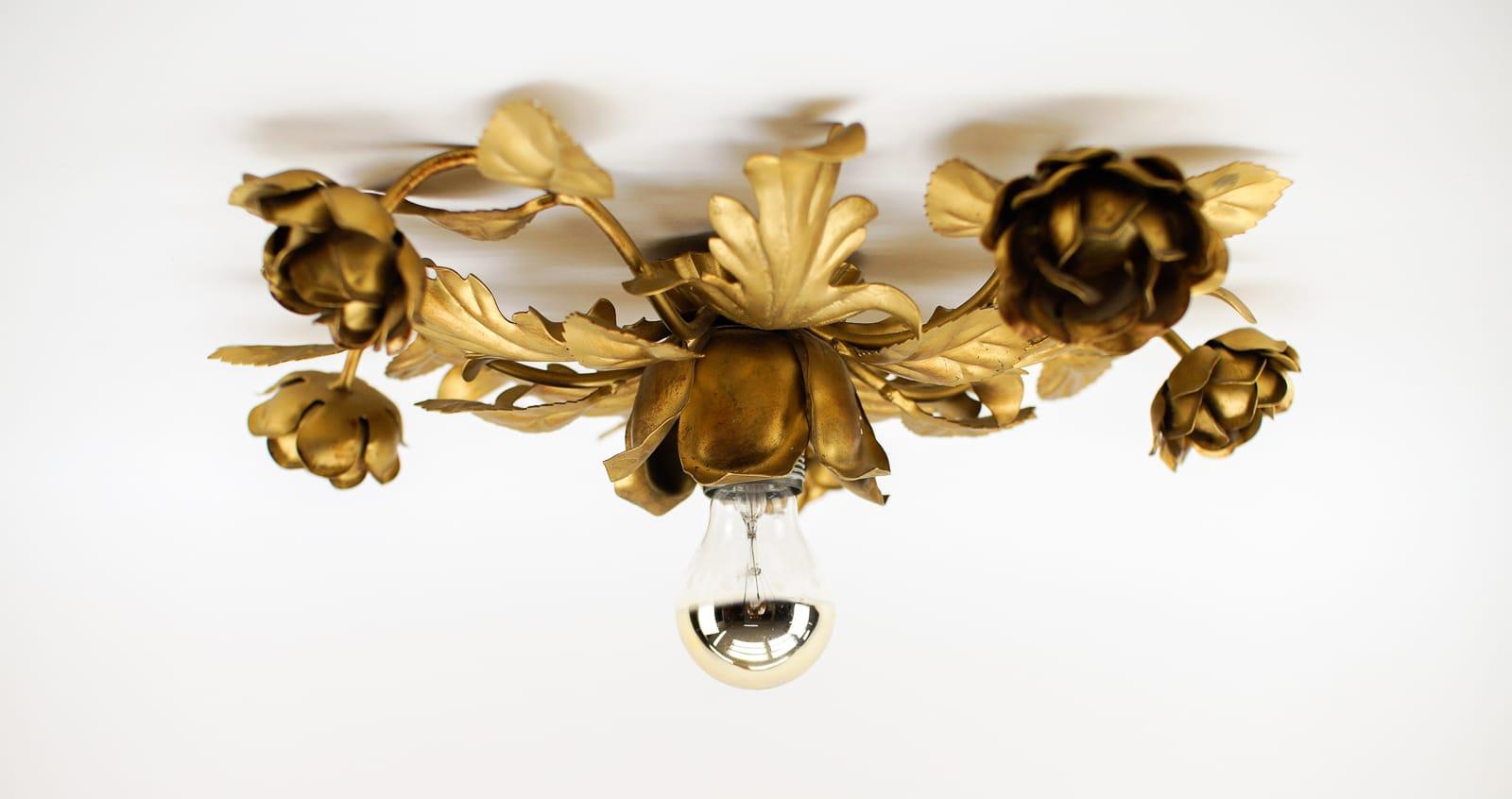Hollywood Regency Lovely Gilded Florentine Ceiling Lamp, 1960s Italy For Sale
