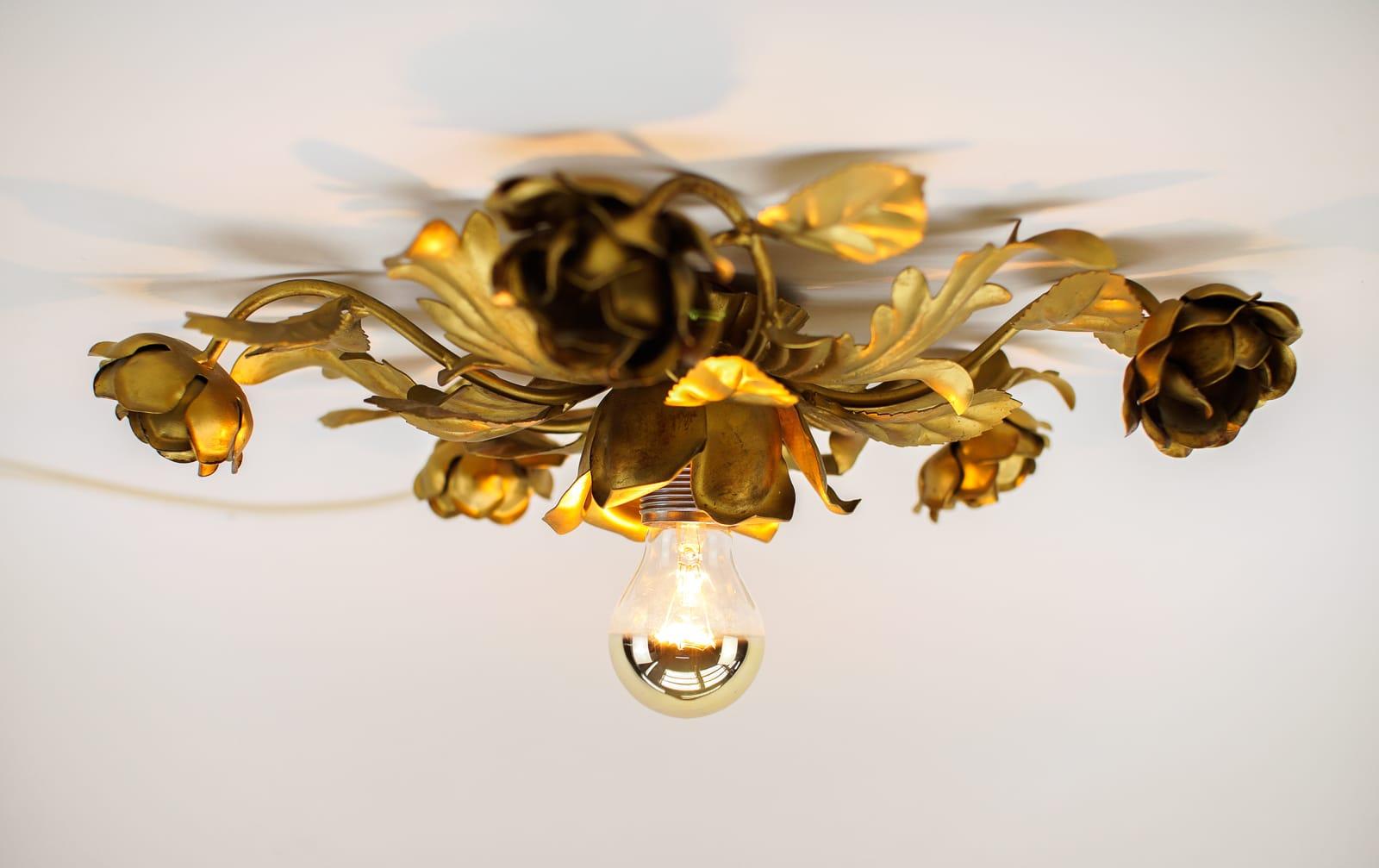 Italian Lovely Gilded Florentine Ceiling Lamp, 1960s Italy For Sale