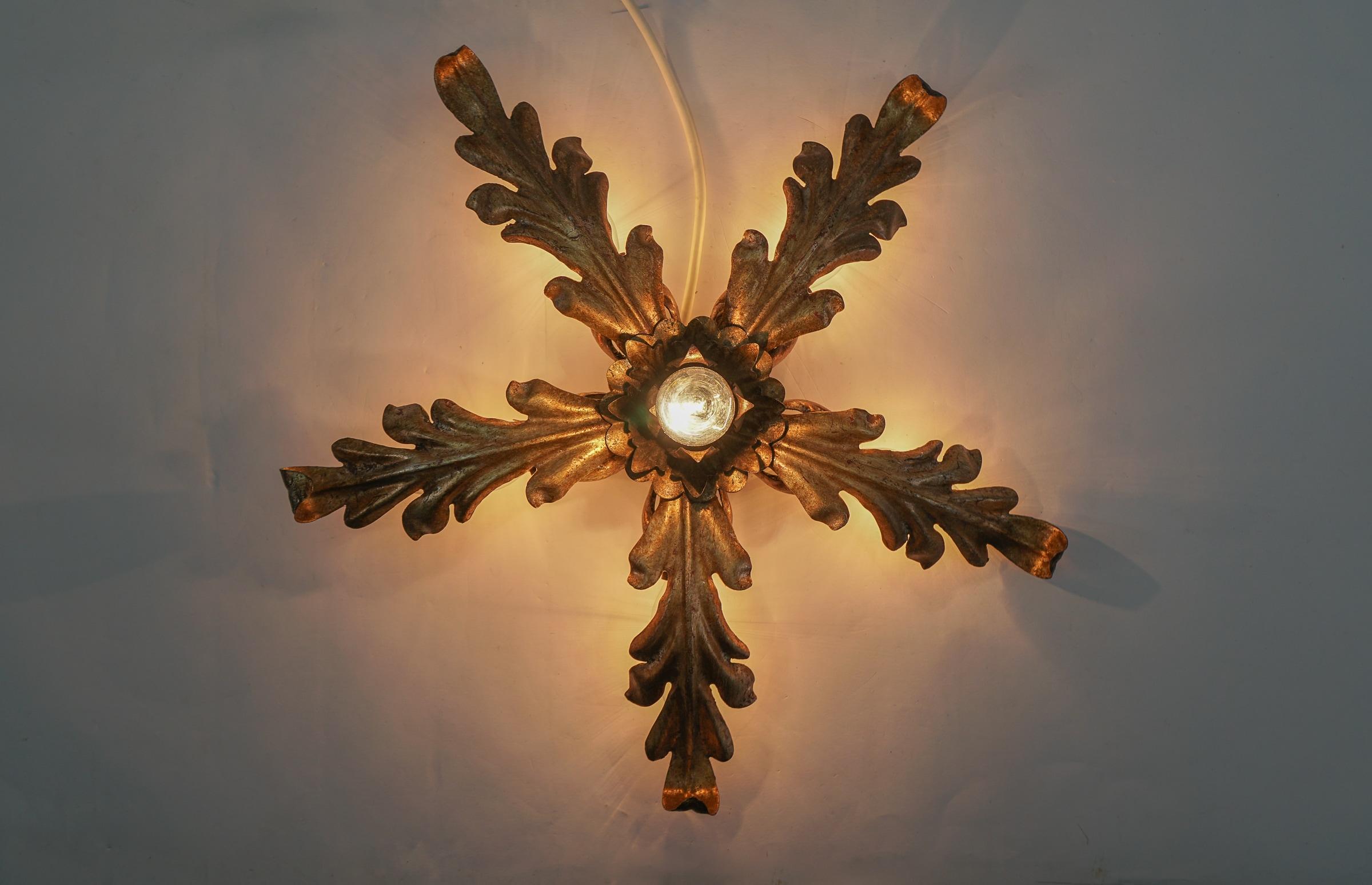 Italian Lovely Gilded Florentine Metal Ceiling Lamp, 1960s Italy For Sale