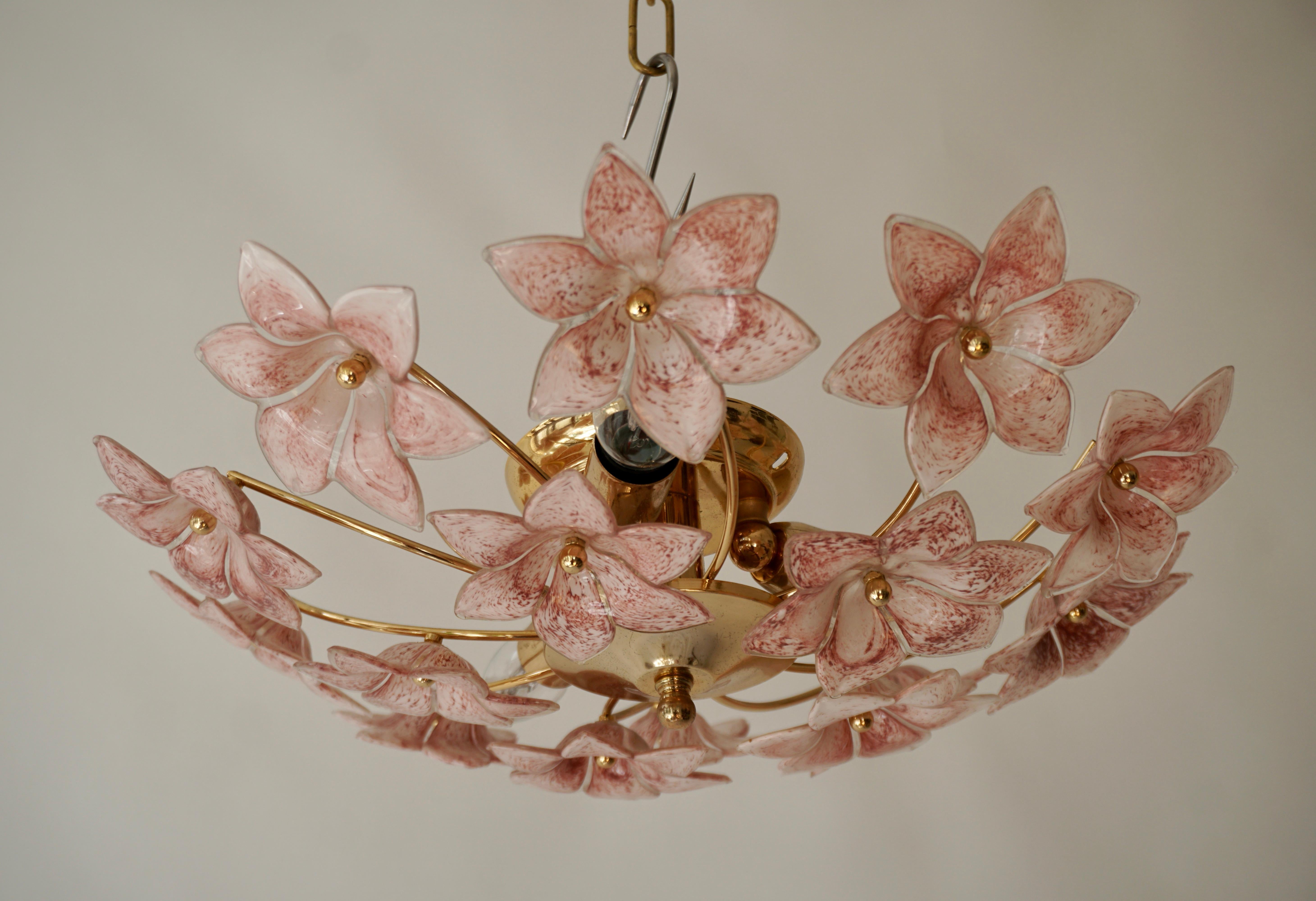 Hollywood Regency Two Lovely Gilt Brass and Pink Murano Glass Flower Flush Mount , Wall Light  For Sale