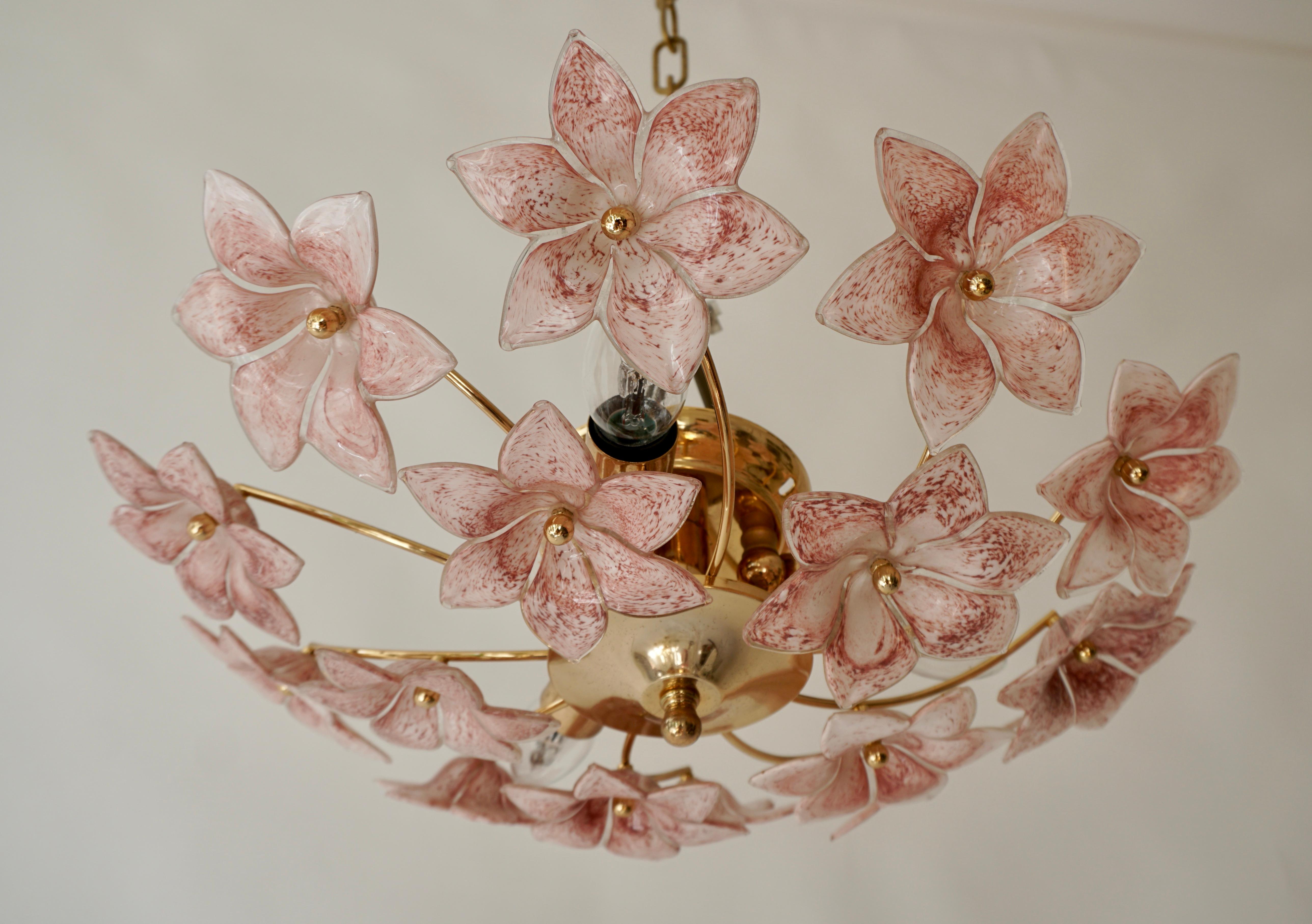 Italian Two Lovely Gilt Brass and Pink Murano Glass Flower Flush Mount , Wall Light  For Sale