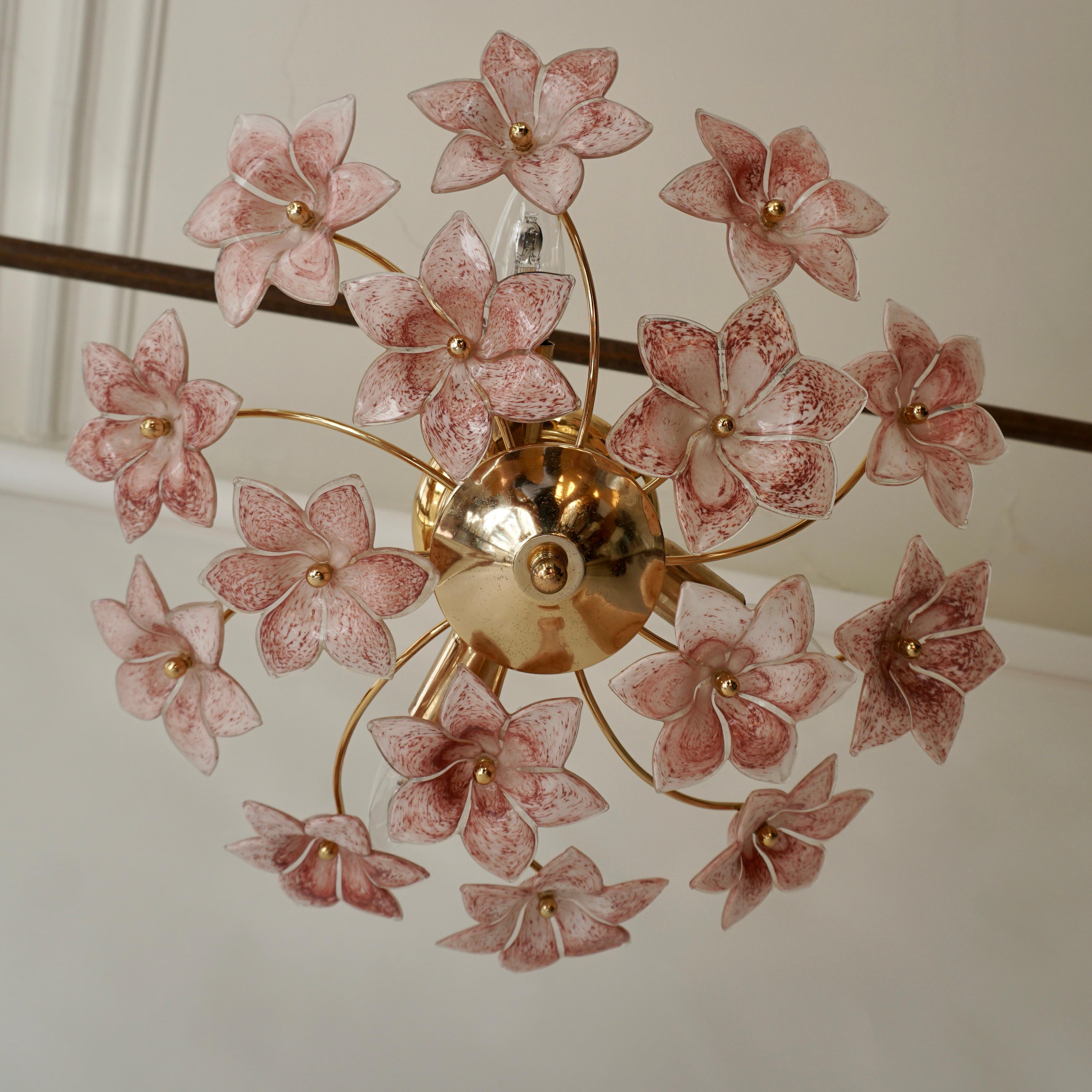 Two Lovely Gilt Brass and Pink Murano Glass Flower Flush Mount , Wall Light  In Good Condition For Sale In Antwerp, BE