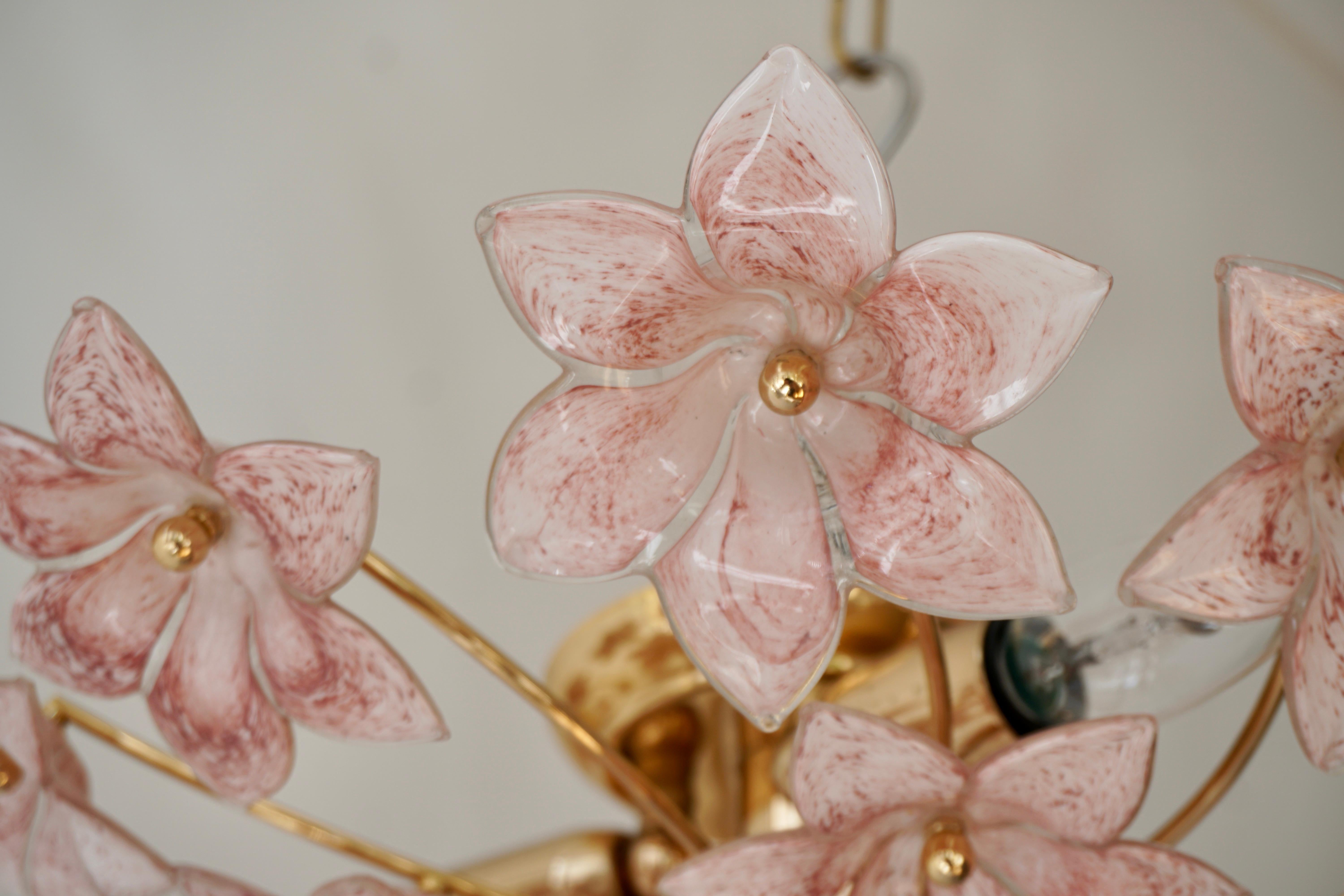 20th Century Two Lovely Gilt Brass and Pink Murano Glass Flower Flush Mount , Wall Light  For Sale