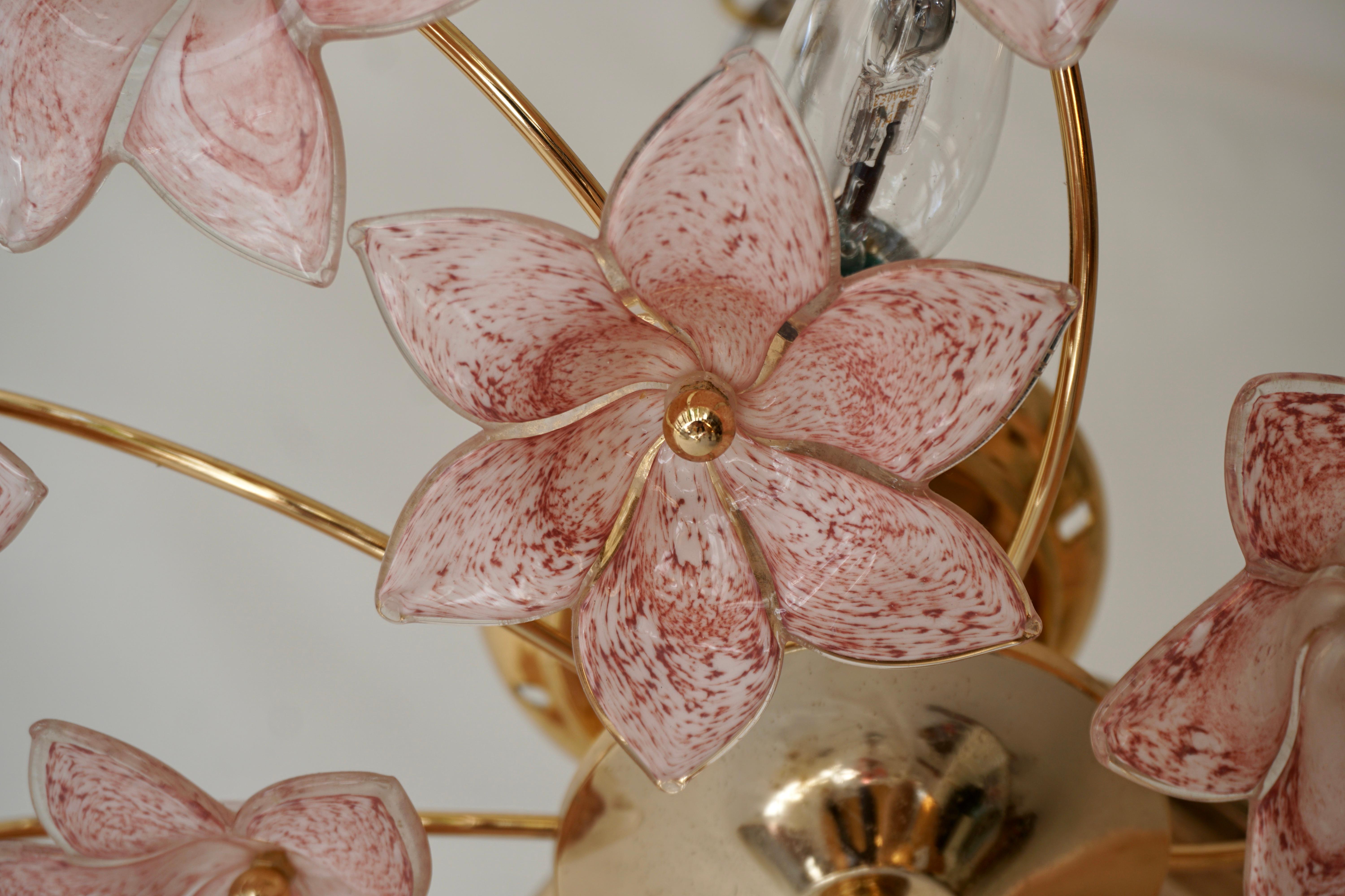 Two Lovely Gilt Brass and Pink Murano Glass Flower Flush Mount , Wall Light  For Sale 1