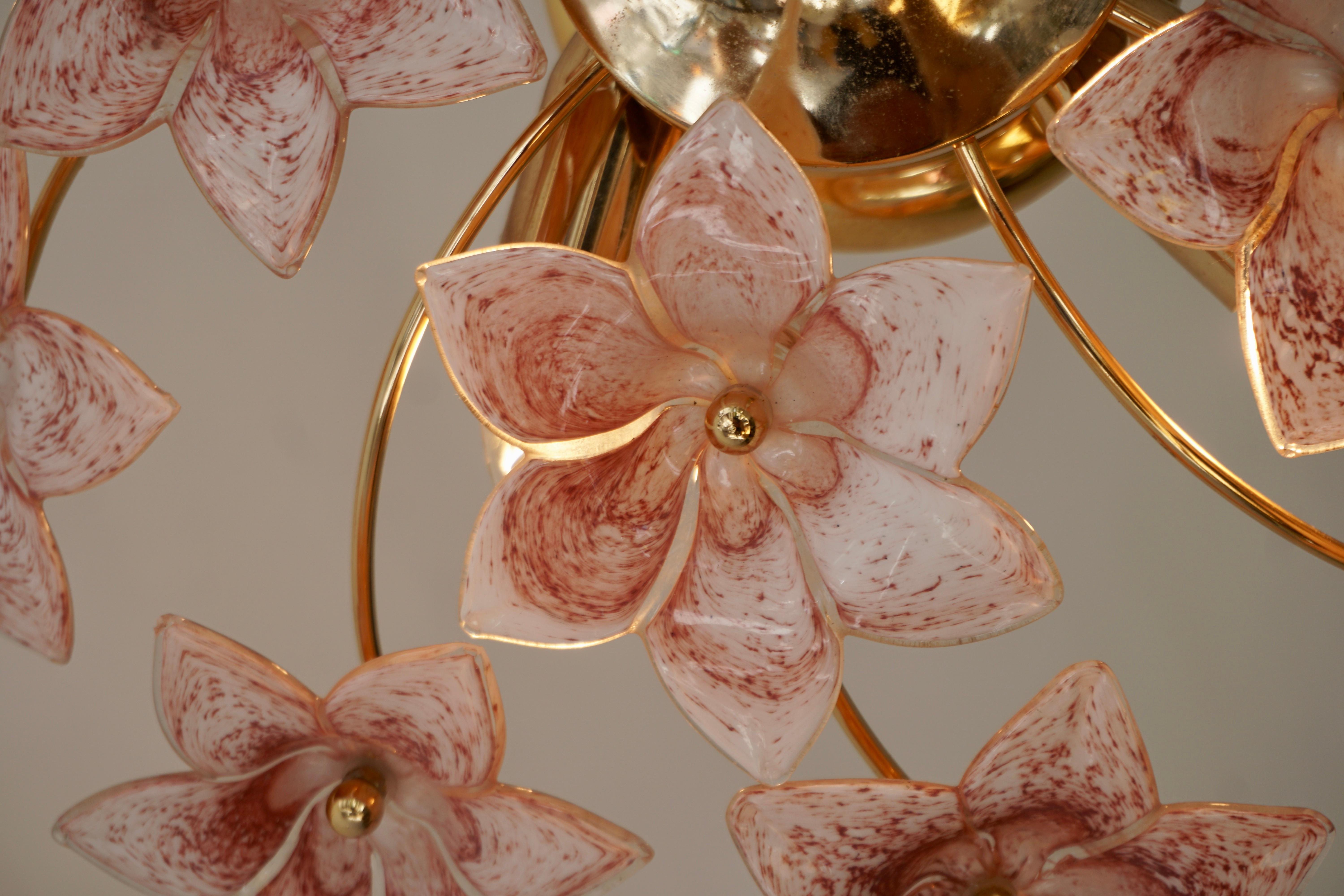 Two Lovely Gilt Brass and Pink Murano Glass Flower Flush Mount , Wall Light  For Sale 2