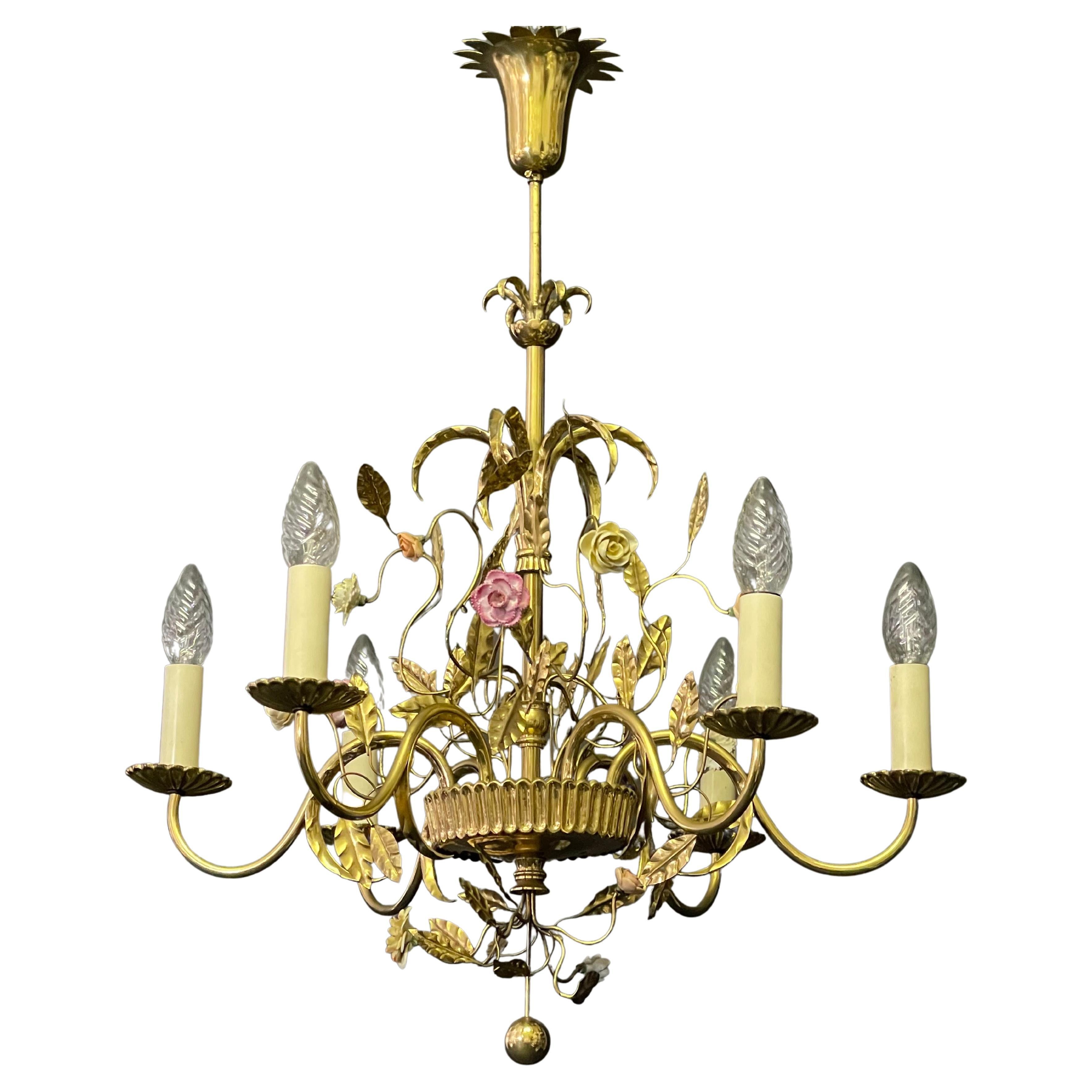 Lovely Gilt Brass Flower Leaves Chandelier, France, circa 1950s