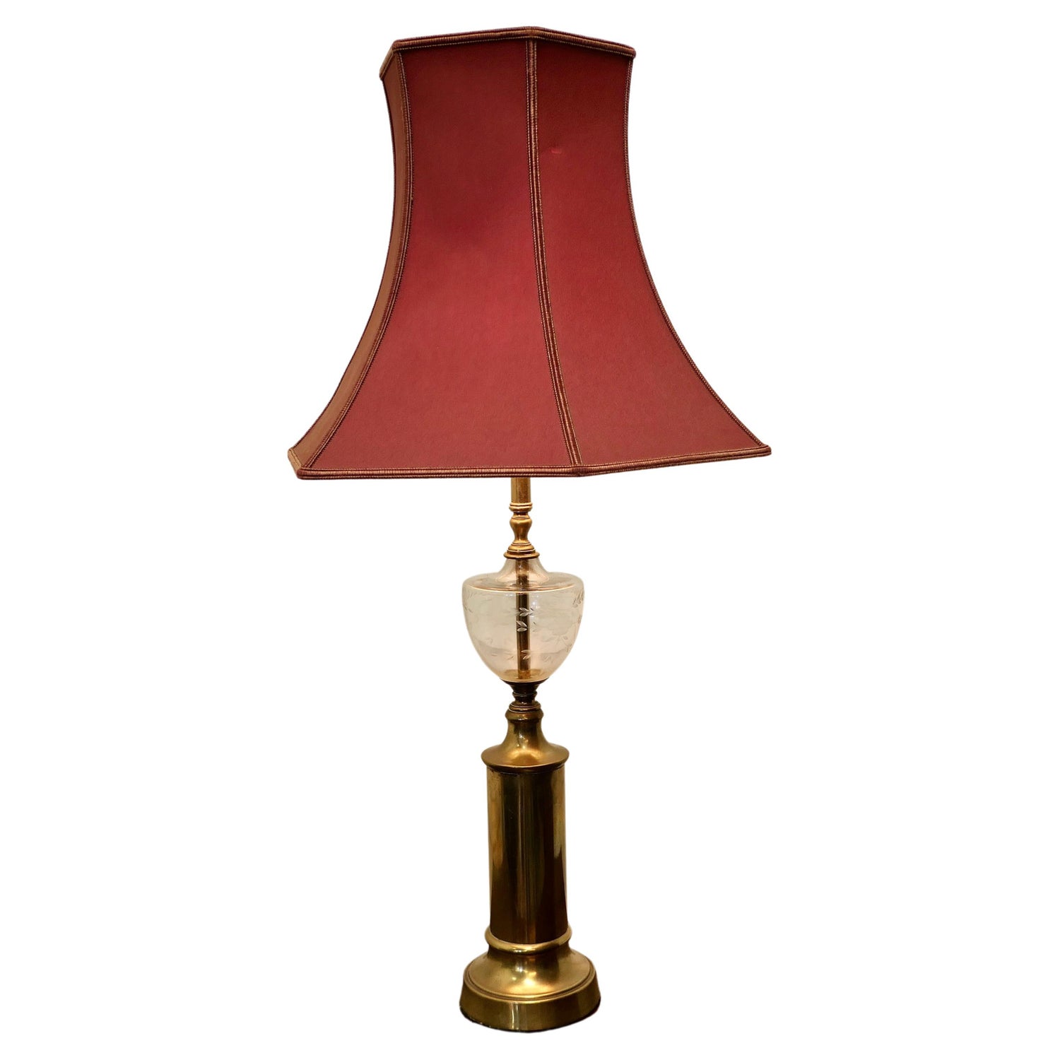 Vintage table lamp brass fabric shade red - Flodhest Abe