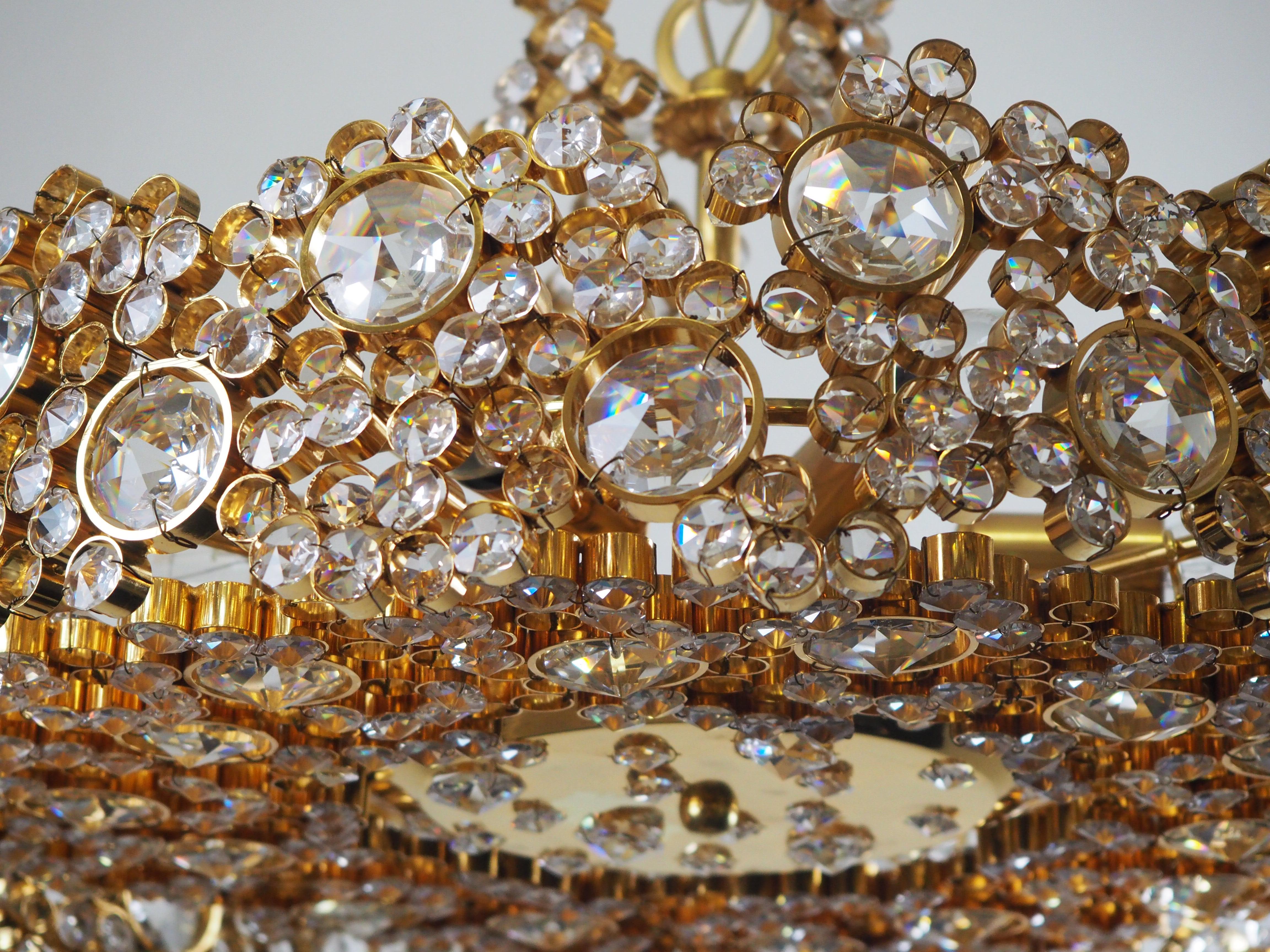 Brass Lovely Gold and Crystal Chandelier Attributed to Lobmeyr, Vienna, circa 1960s For Sale