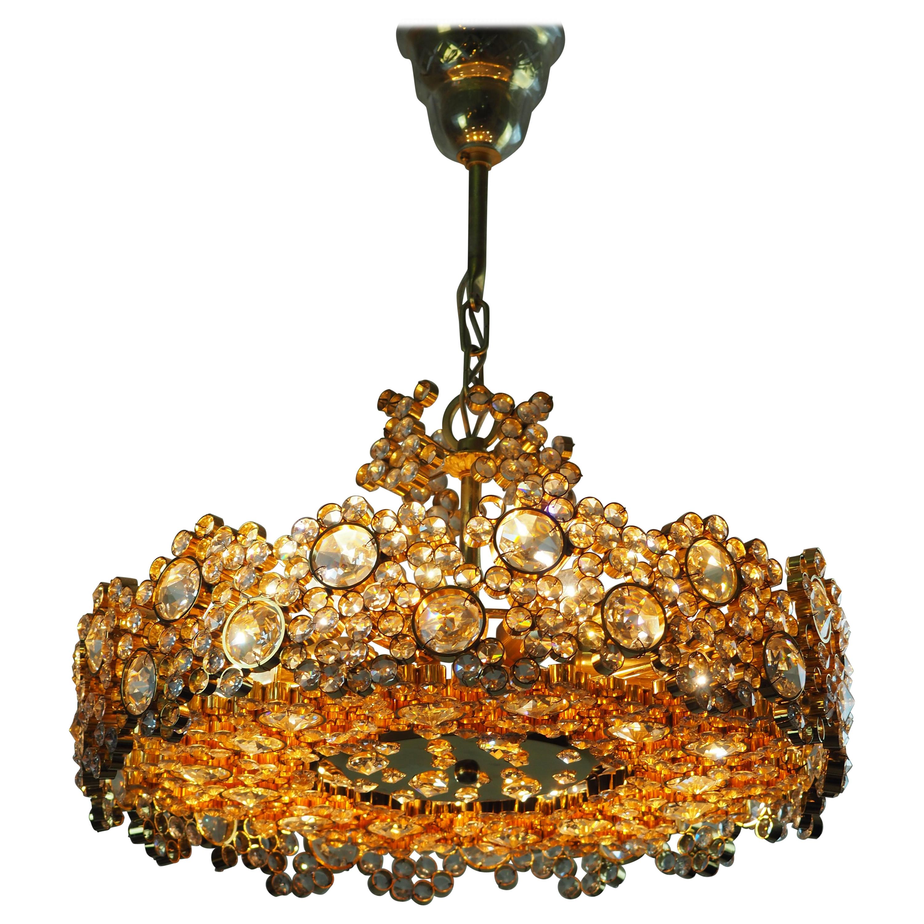 Lovely Gold and Crystal Chandelier Attributed to Lobmeyr, Vienna, circa 1960s