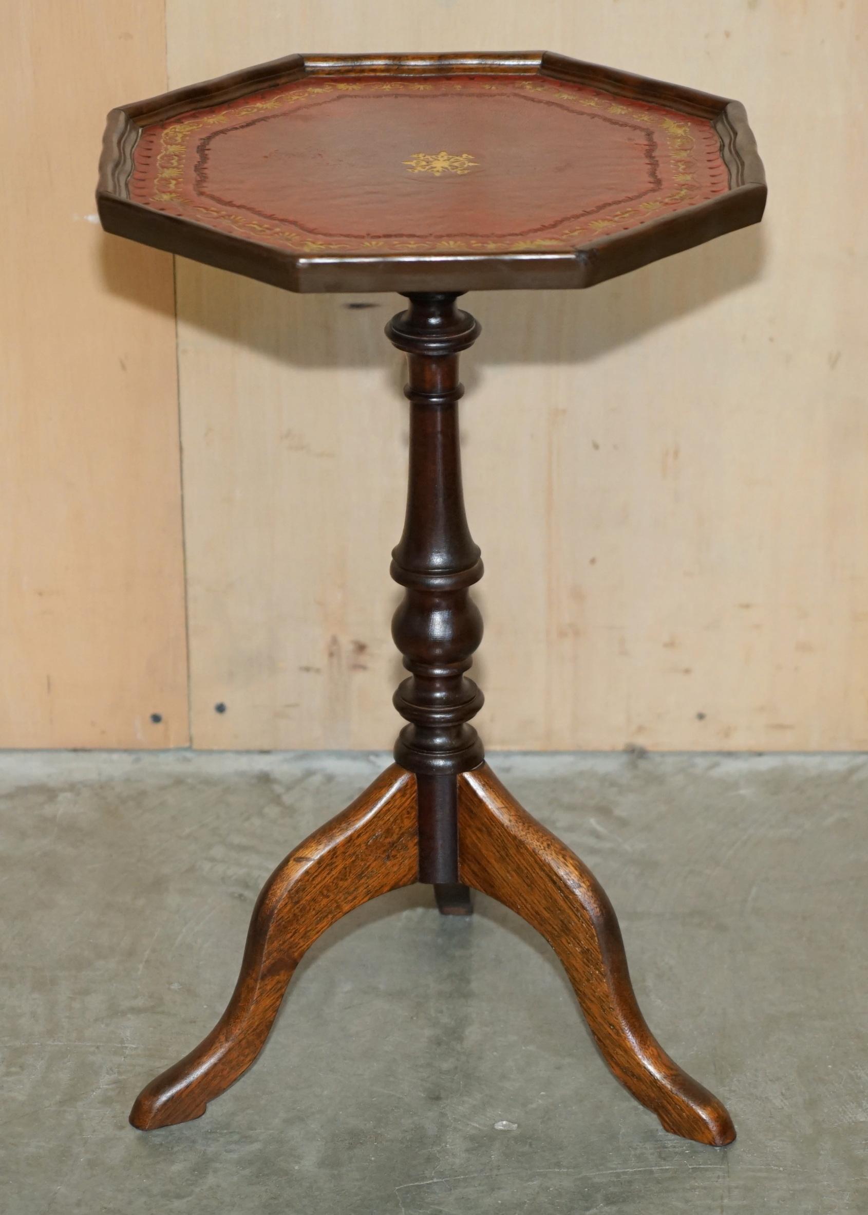 Victorian LOVELY GOLD LEAF EMBOSSED OXBLOOD LEATHER TRIPOD SiDE END LAMP WINE TABLE For Sale