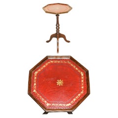 LOVELY LEAF EMBOSSED OXBLOOD LEATHER TRIPOD SiDE END LAMP WINE TABLE