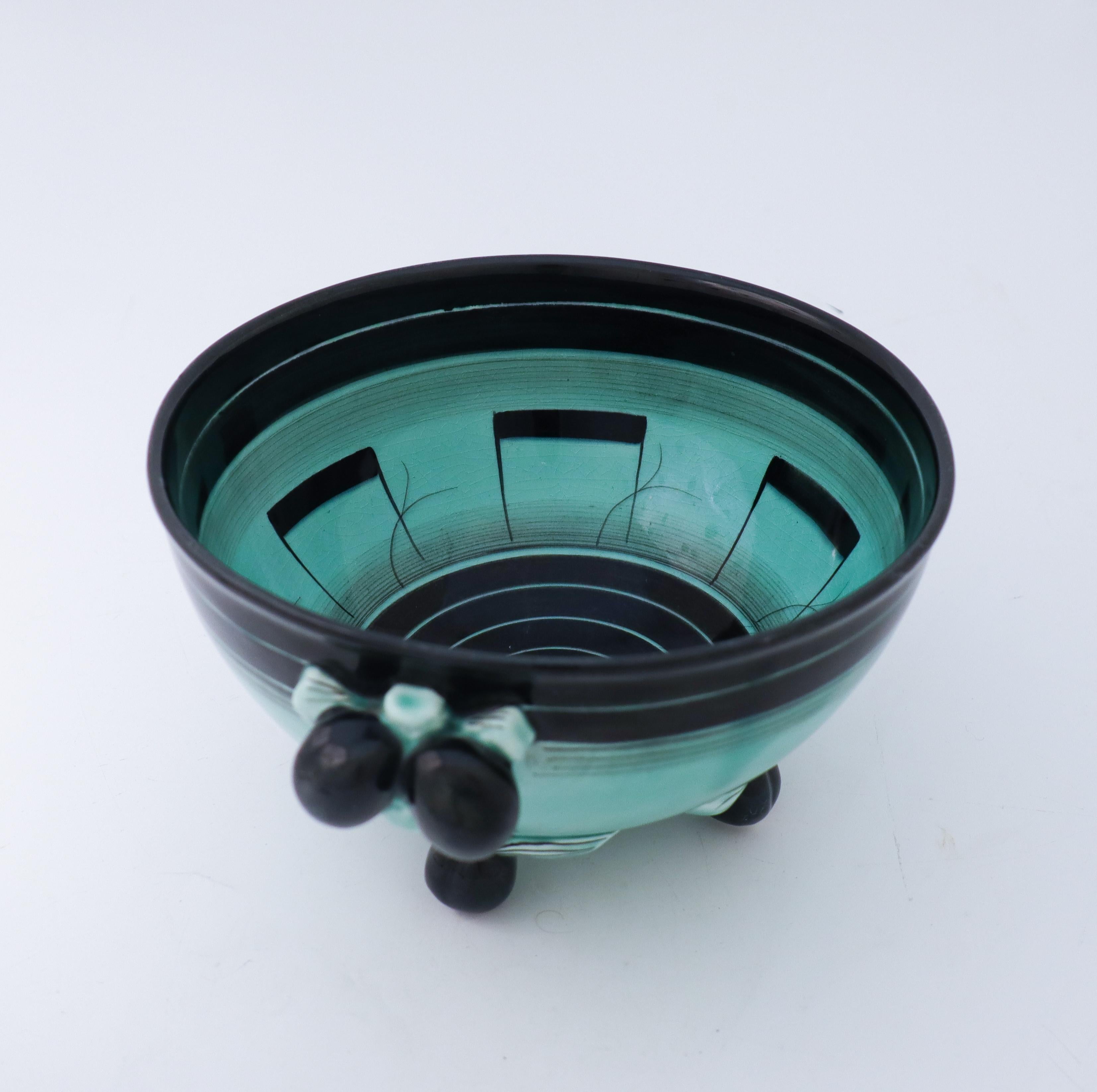 Scandinavian Modern Lovely Green and Black Art Deco Bowl by Ilse Claesson, Rörstrand For Sale