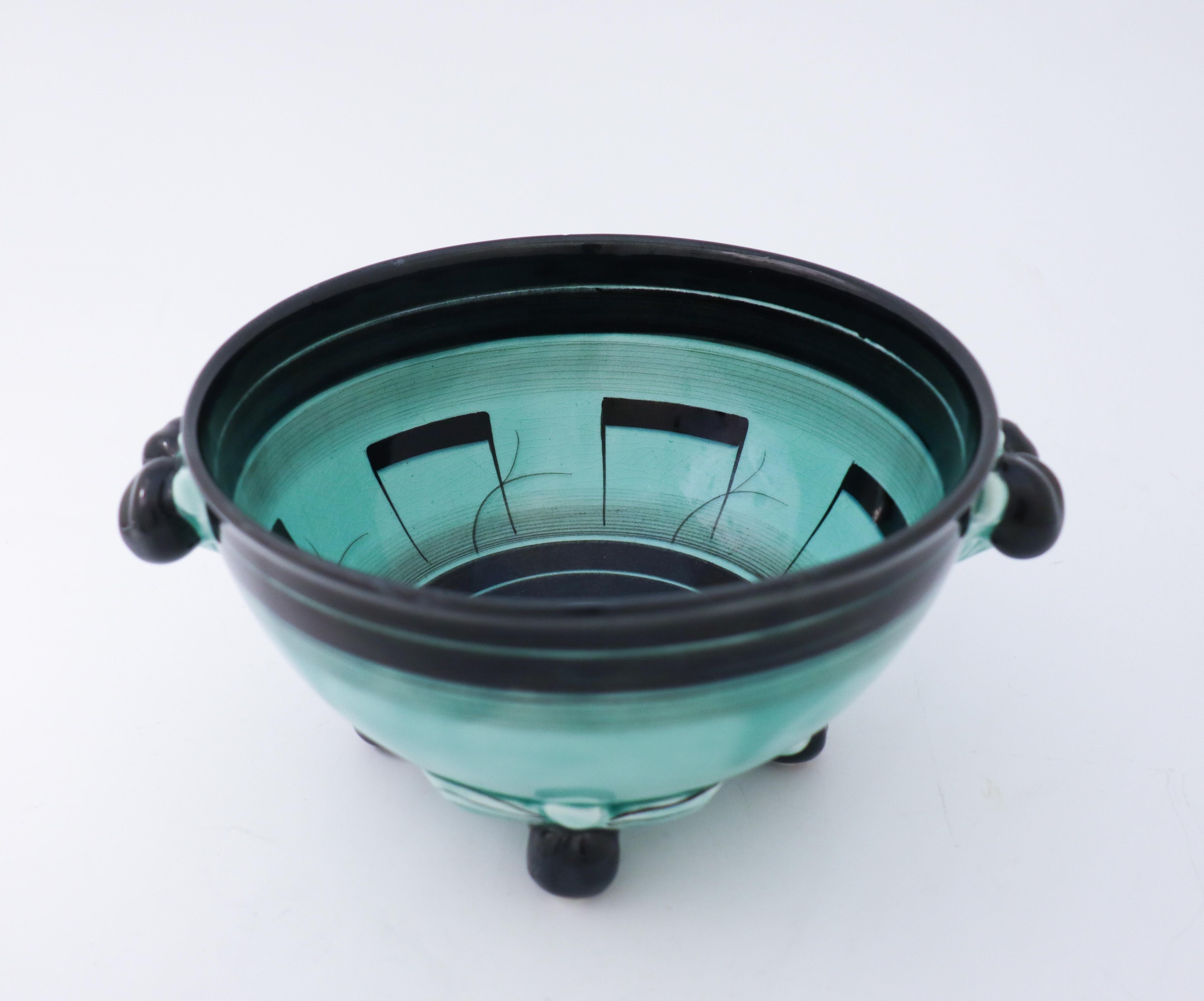 Glazed Lovely Green and Black Art Deco Bowl by Ilse Claesson, Rörstrand For Sale