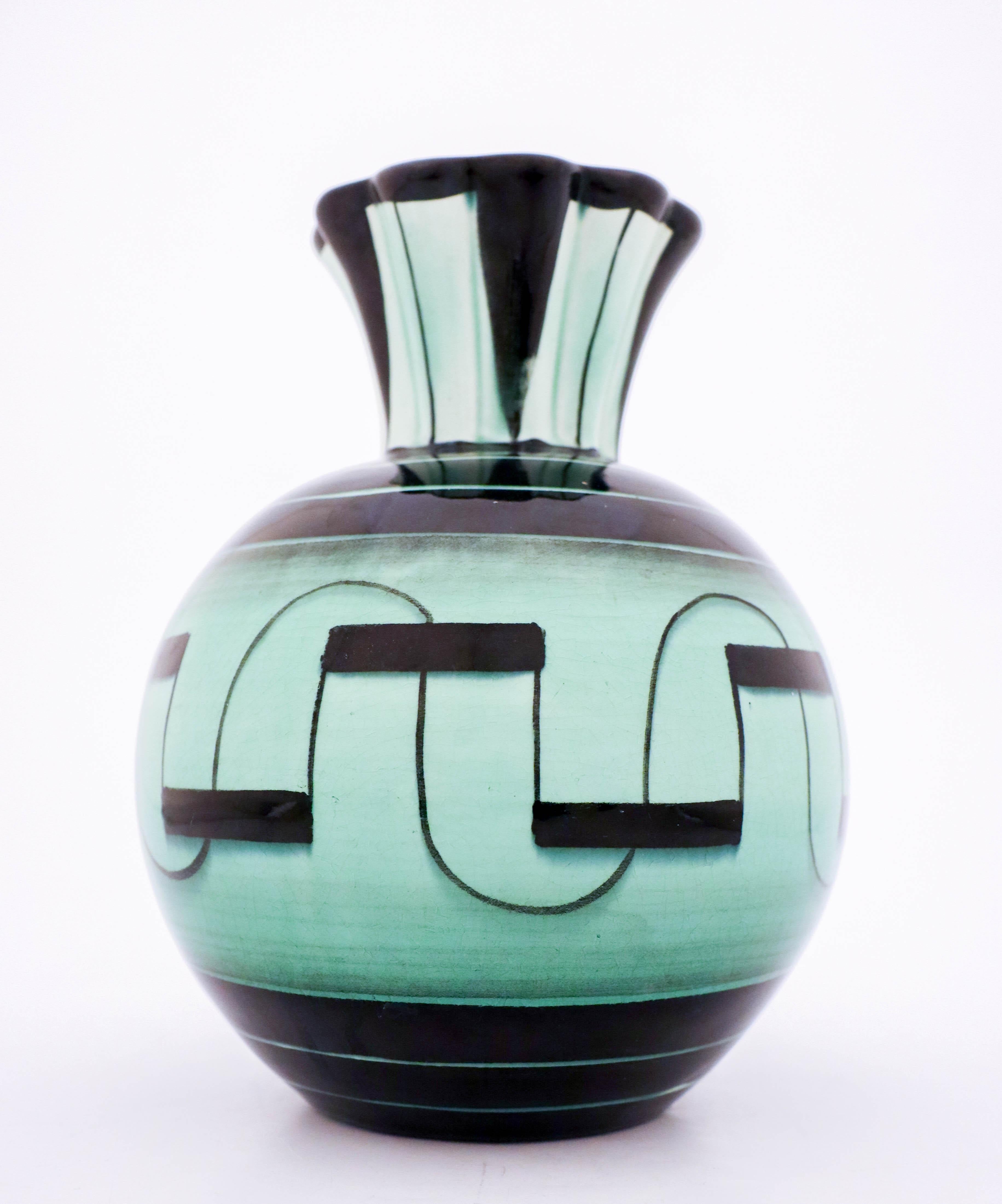 Scandinavian Modern Lovely Green and Black Art Deco Vase by Ilse Claesson, Rörstrand For Sale