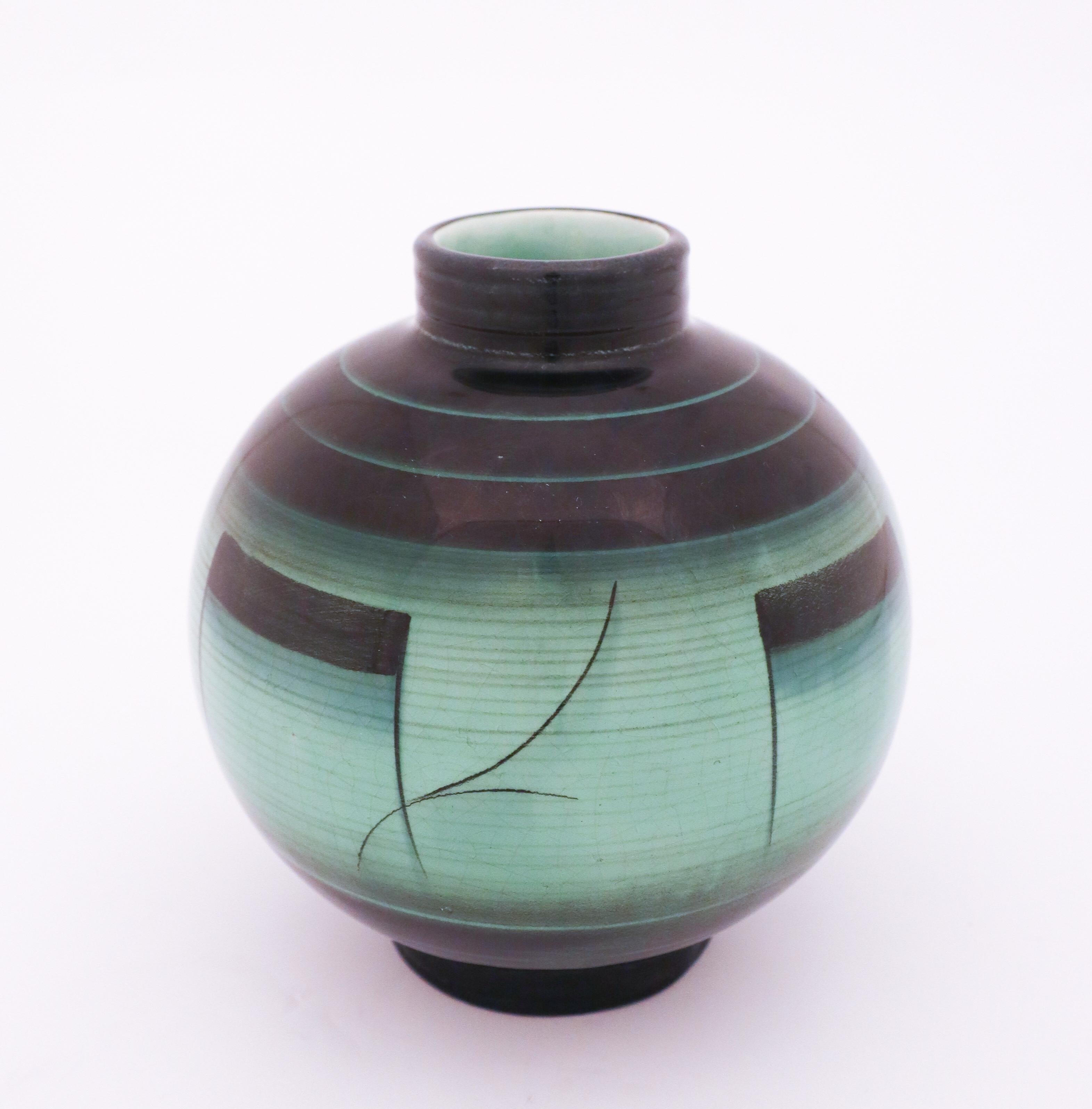 Swedish Lovely Green and Black Art Deco Vase by Ilse Claesson, Rörstrand For Sale