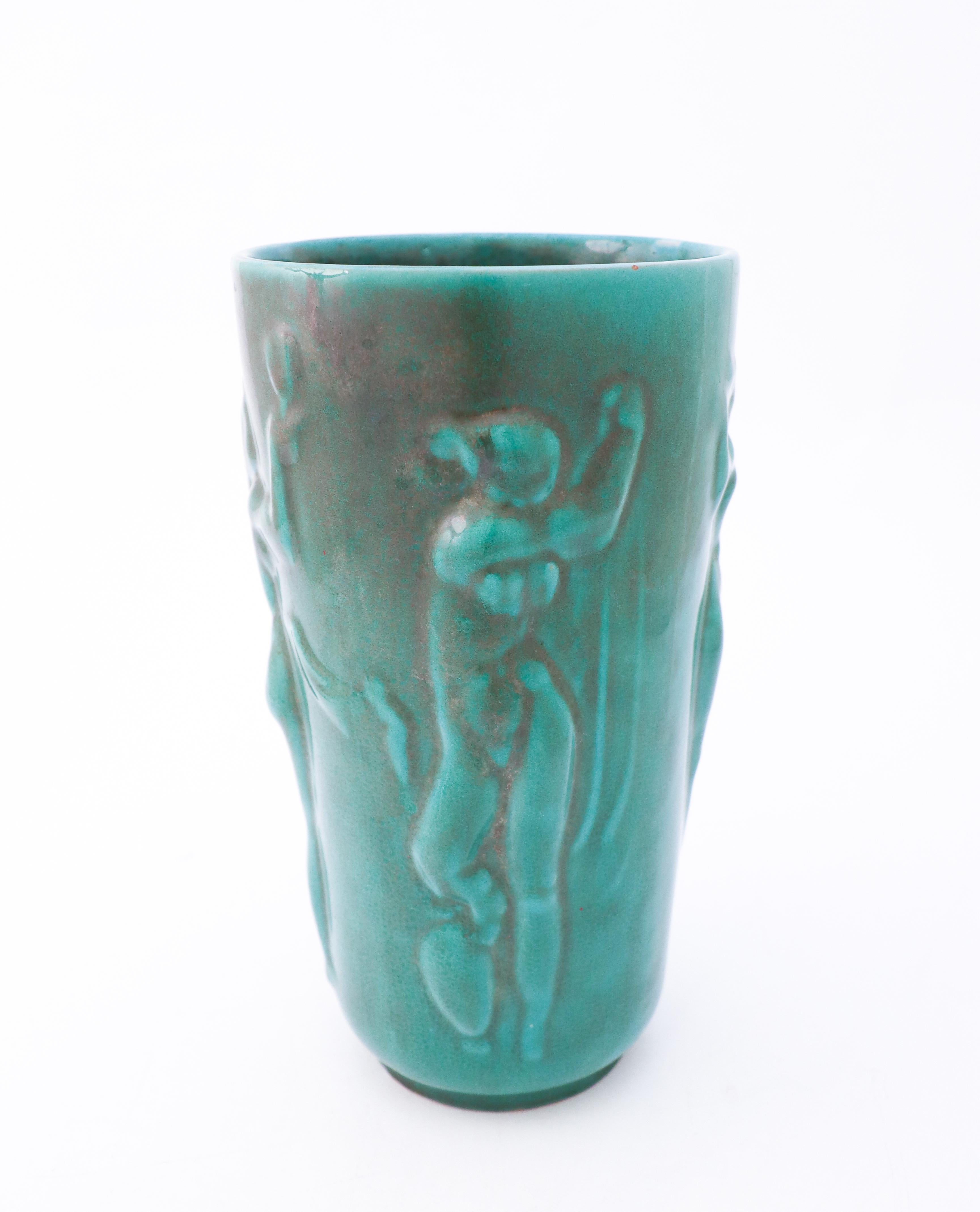 Porcelain Einar Luterkort - Lovely Green Art Deco Vase Relief, Upsala Ekeby, Sweden, 1930s For Sale