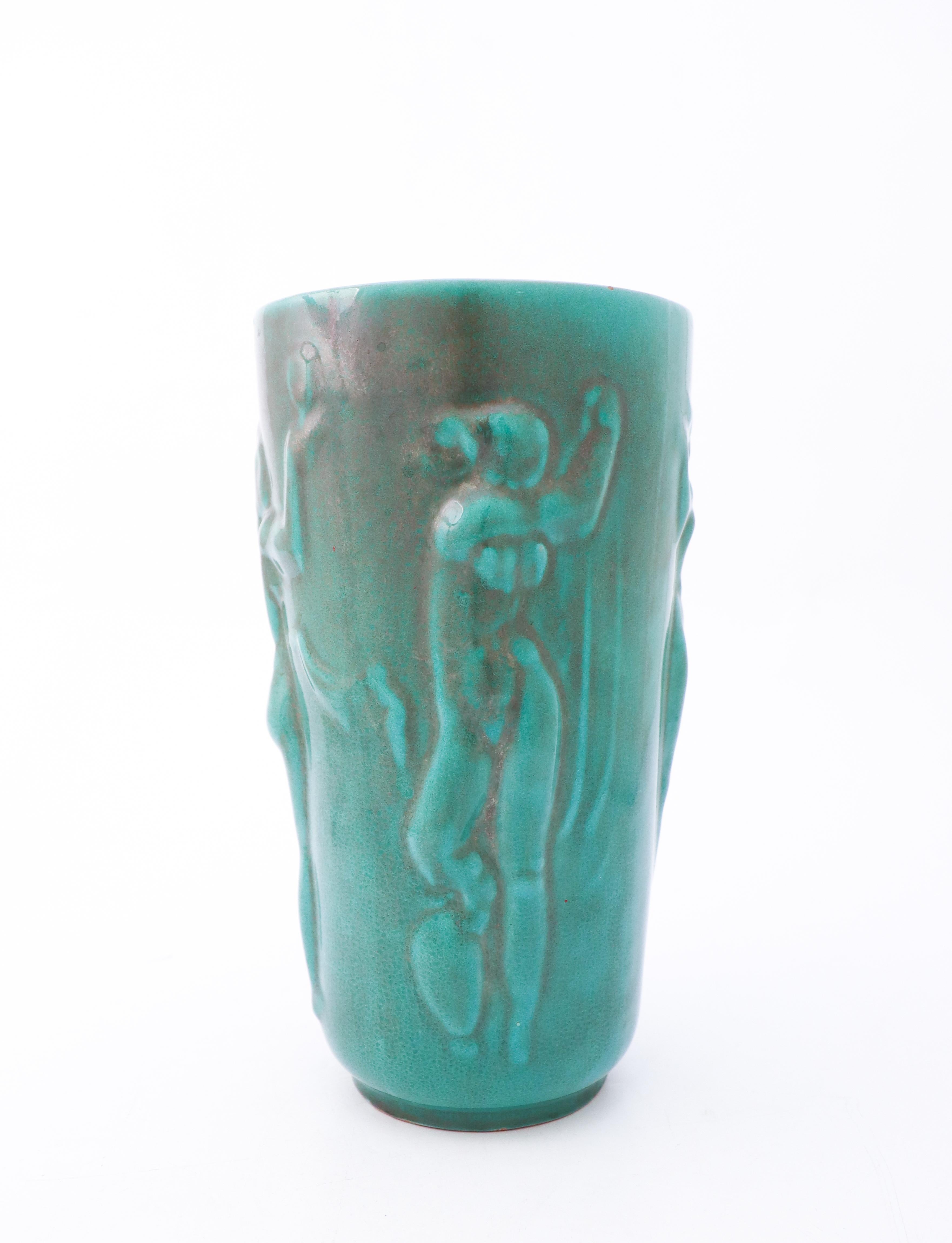 Einar Luterkort - Lovely Green Art Deco Vase Relief, Upsala Ekeby, Sweden, 1930s For Sale 1