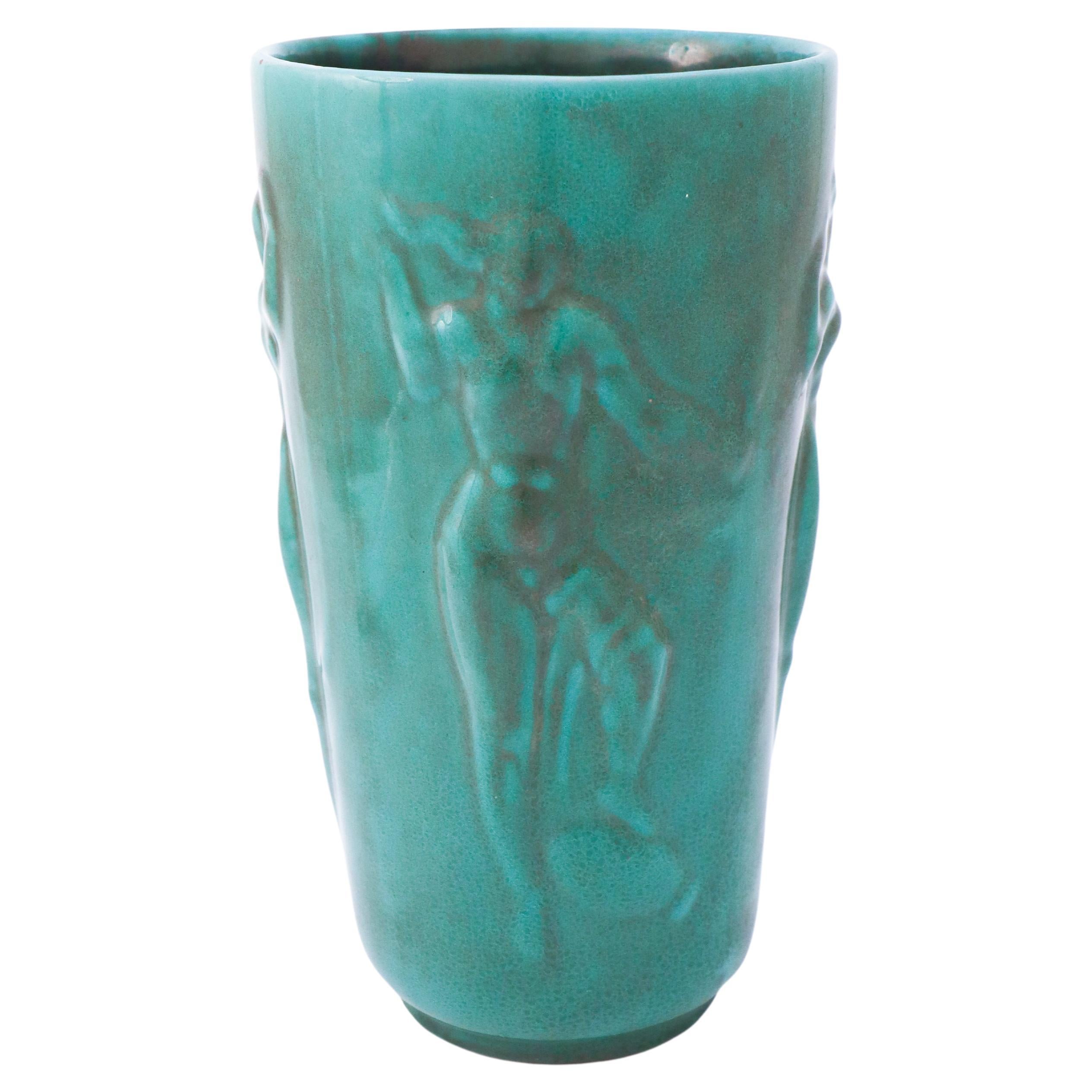 Einar Luterkort - Lovely Green Art Deco Vase Relief, Upsala Ekeby, Sweden, 1930s For Sale